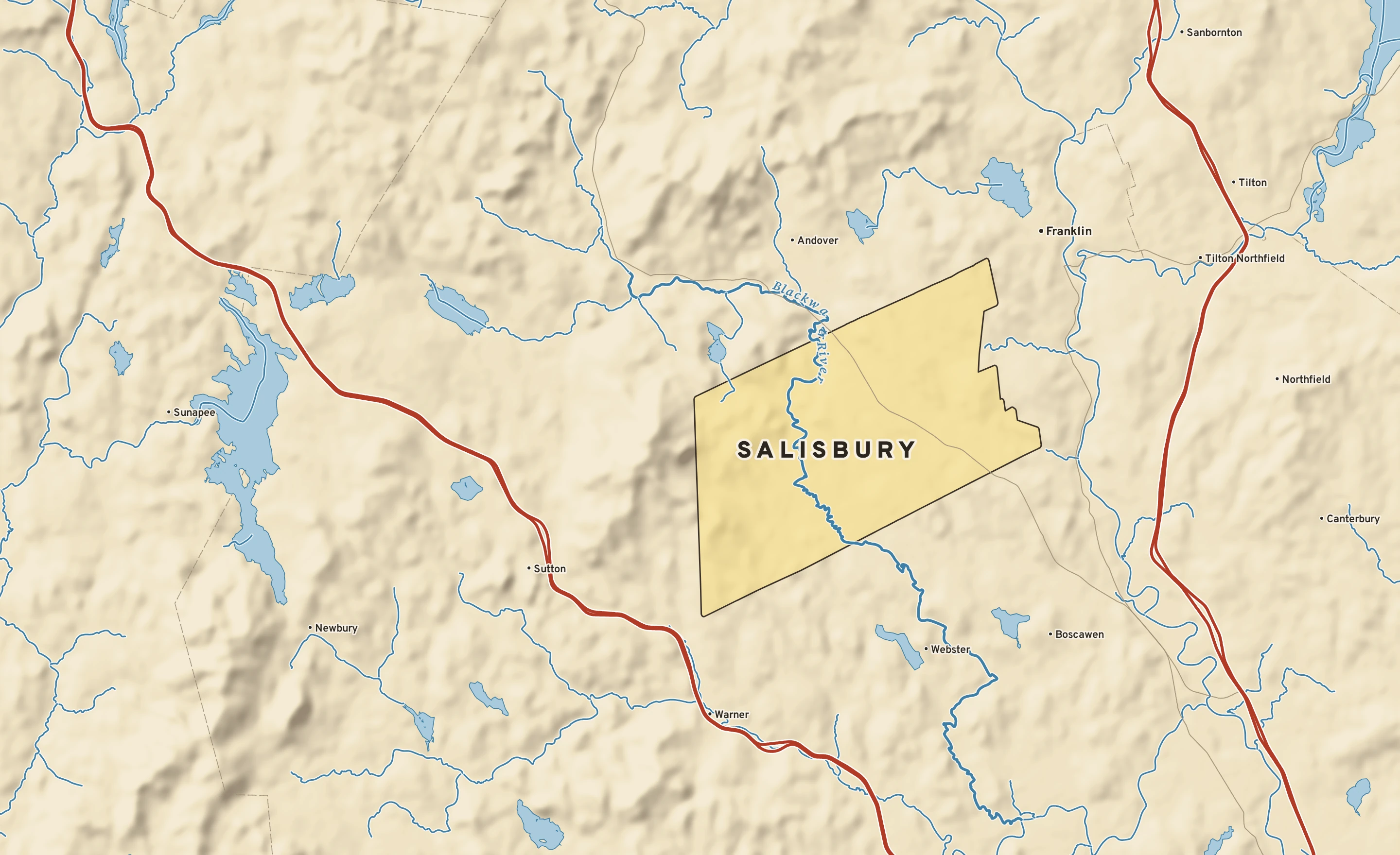 Shaded-relief atlas plate of Salisbury, New Hampshire: rivers, roads, the city limits and where the water drains.