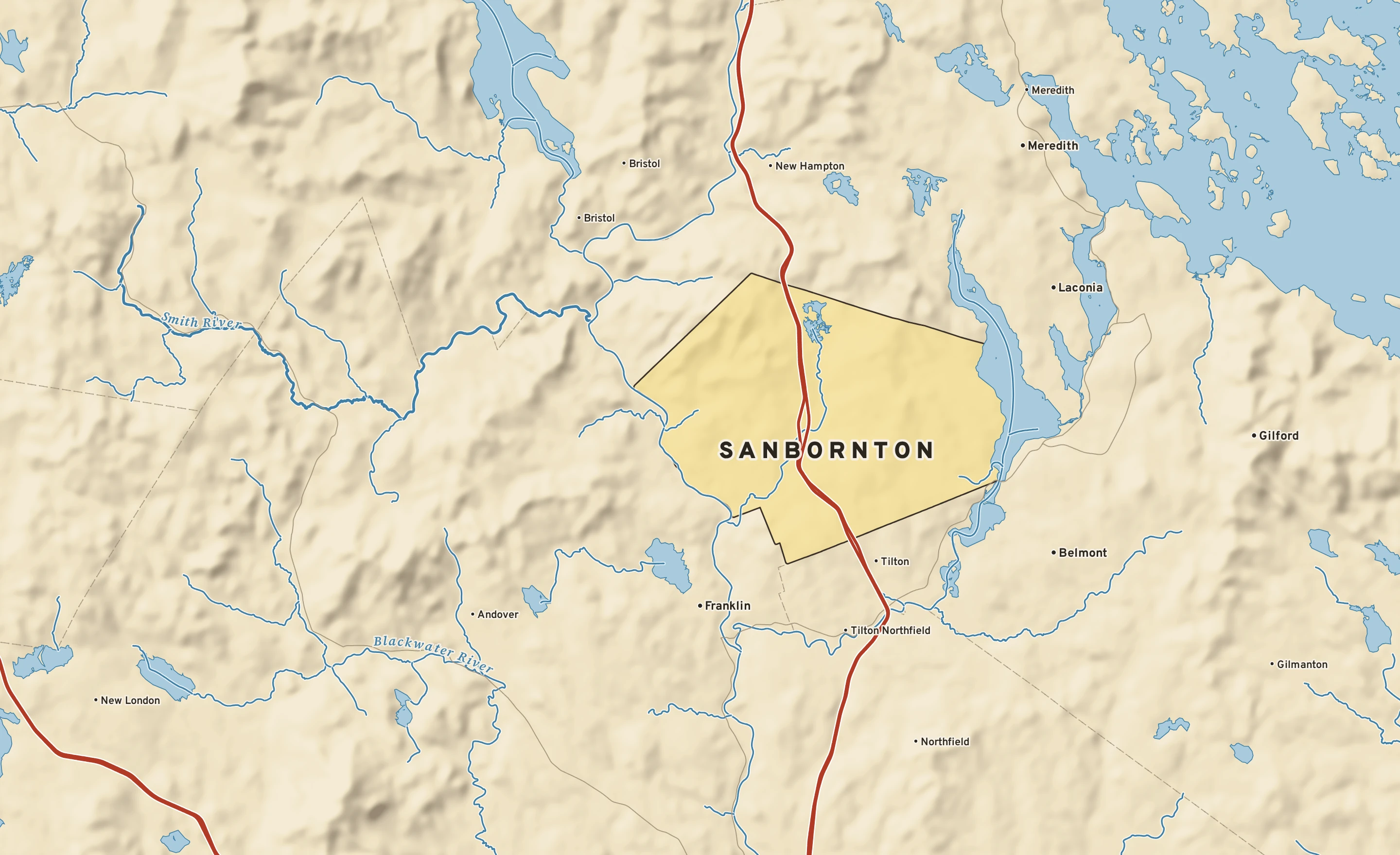 Shaded-relief atlas plate of Sanbornton, New Hampshire: rivers, roads, the city limits and where the water drains.