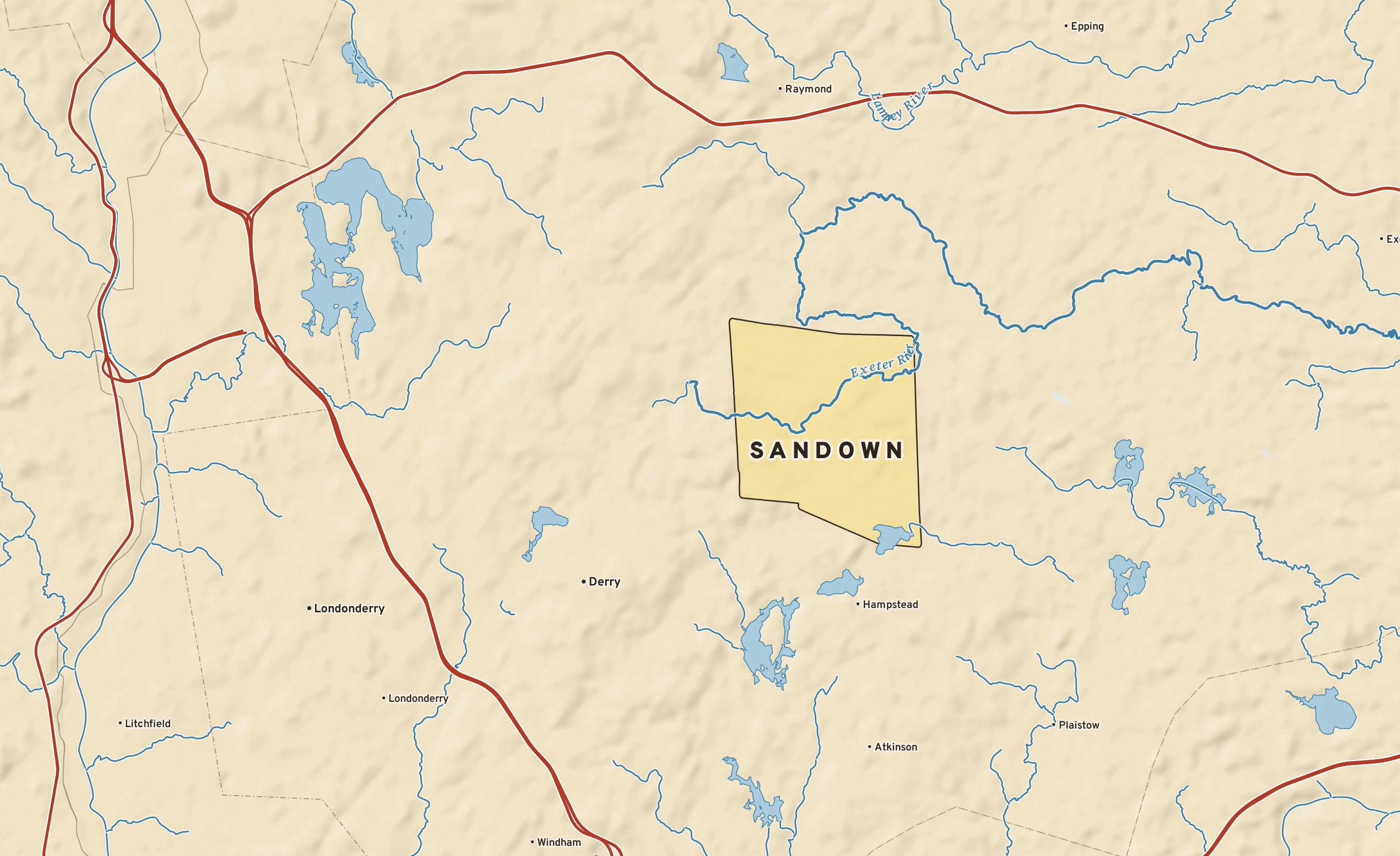 Shaded-relief atlas plate of Sandown, New Hampshire: rivers, roads, the city limits and where the water drains.