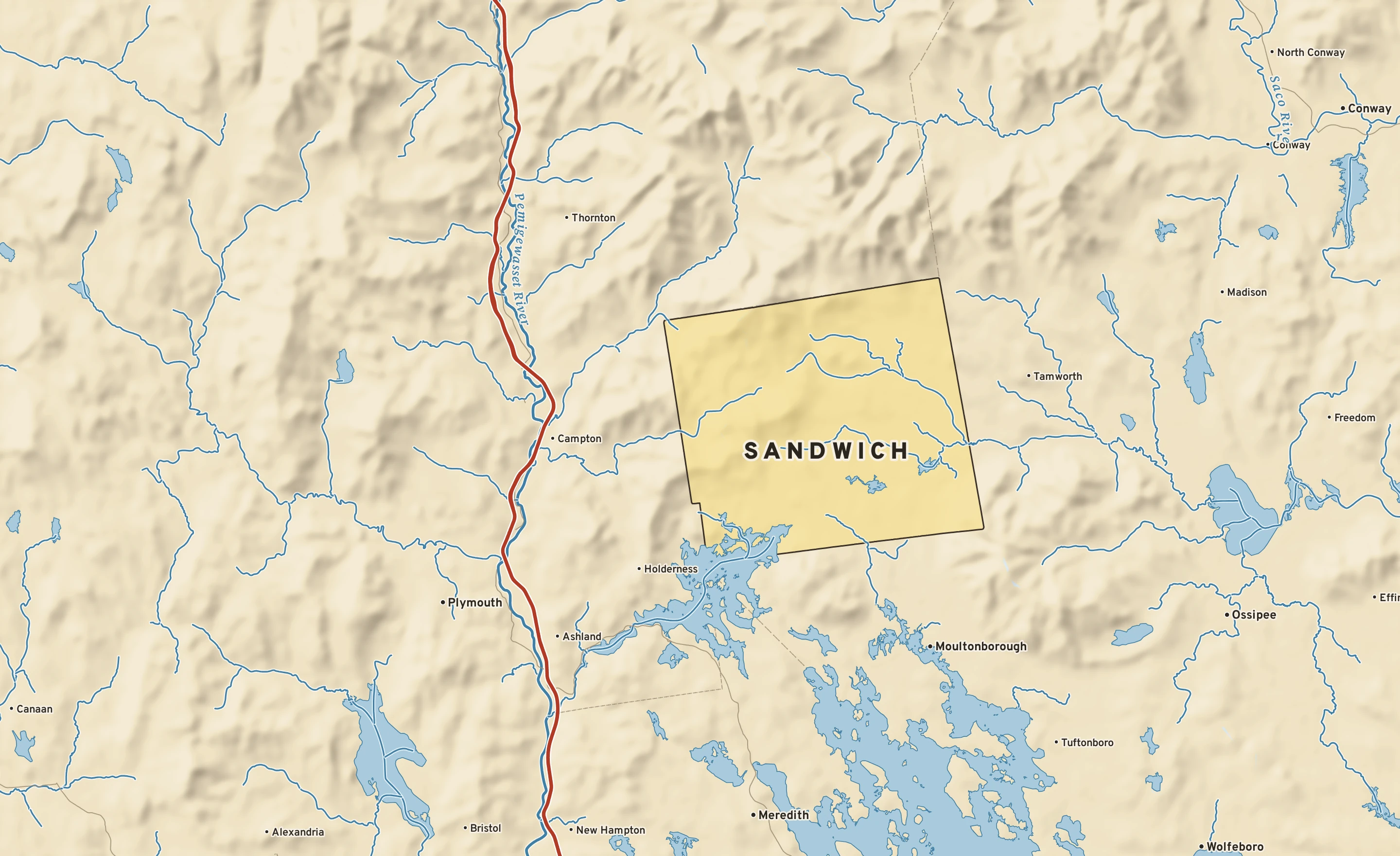 Shaded-relief atlas plate of Sandwich, New Hampshire: rivers, roads, the city limits and where the water drains.