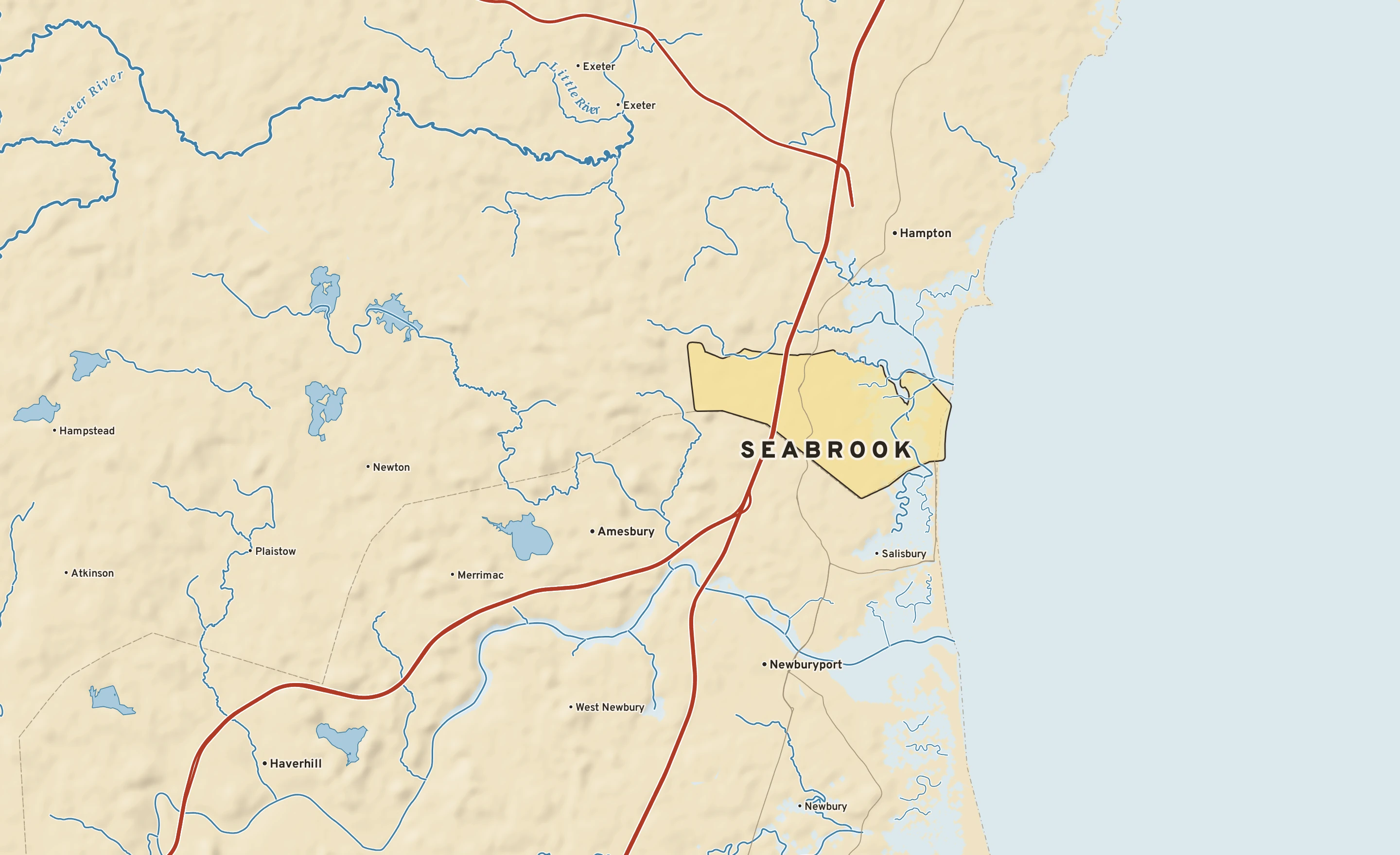 Shaded-relief atlas plate of Seabrook, New Hampshire: rivers, roads, the city limits and where the water drains.