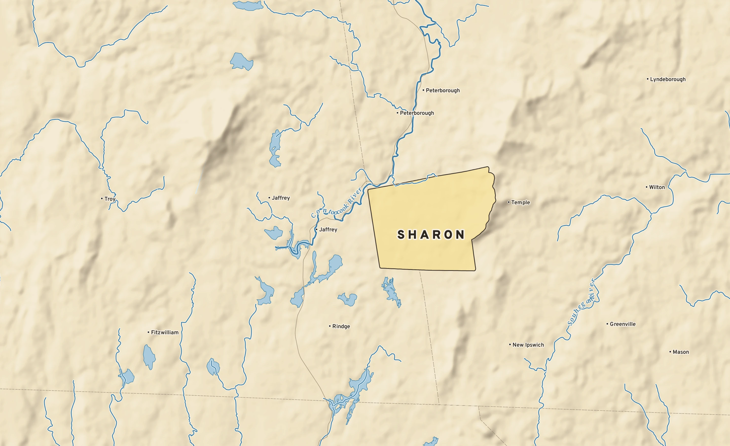 Shaded-relief atlas plate of Sharon, New Hampshire: rivers, roads, the city limits and where the water drains.
