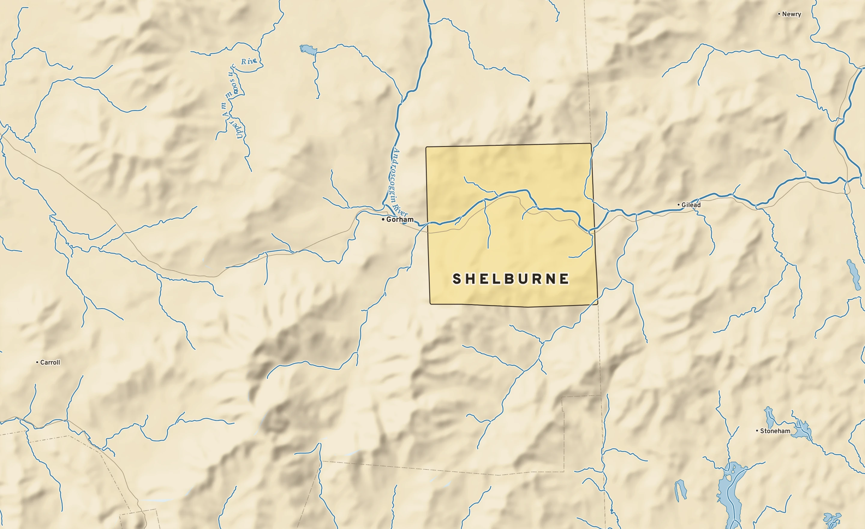 Shaded-relief atlas plate of Shelburne, New Hampshire: rivers, roads, the city limits and where the water drains.