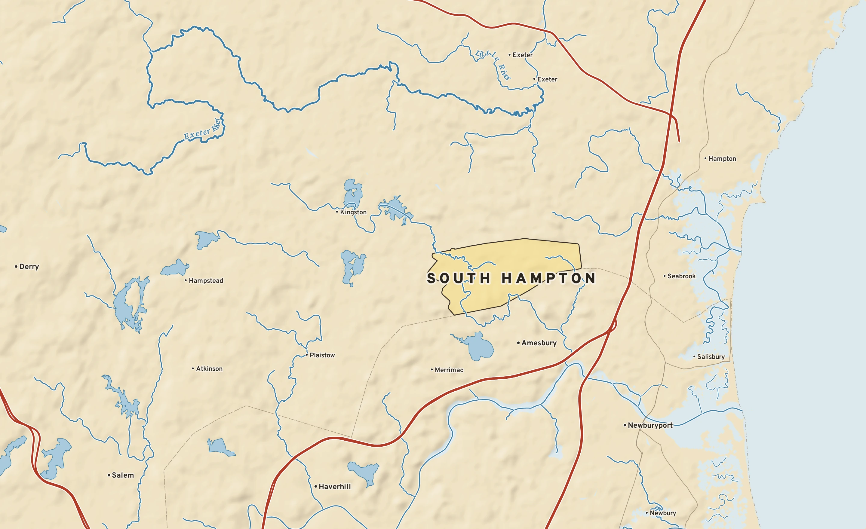 Shaded-relief atlas plate of South Hampton, New Hampshire: rivers, roads, the city limits and where the water drains.