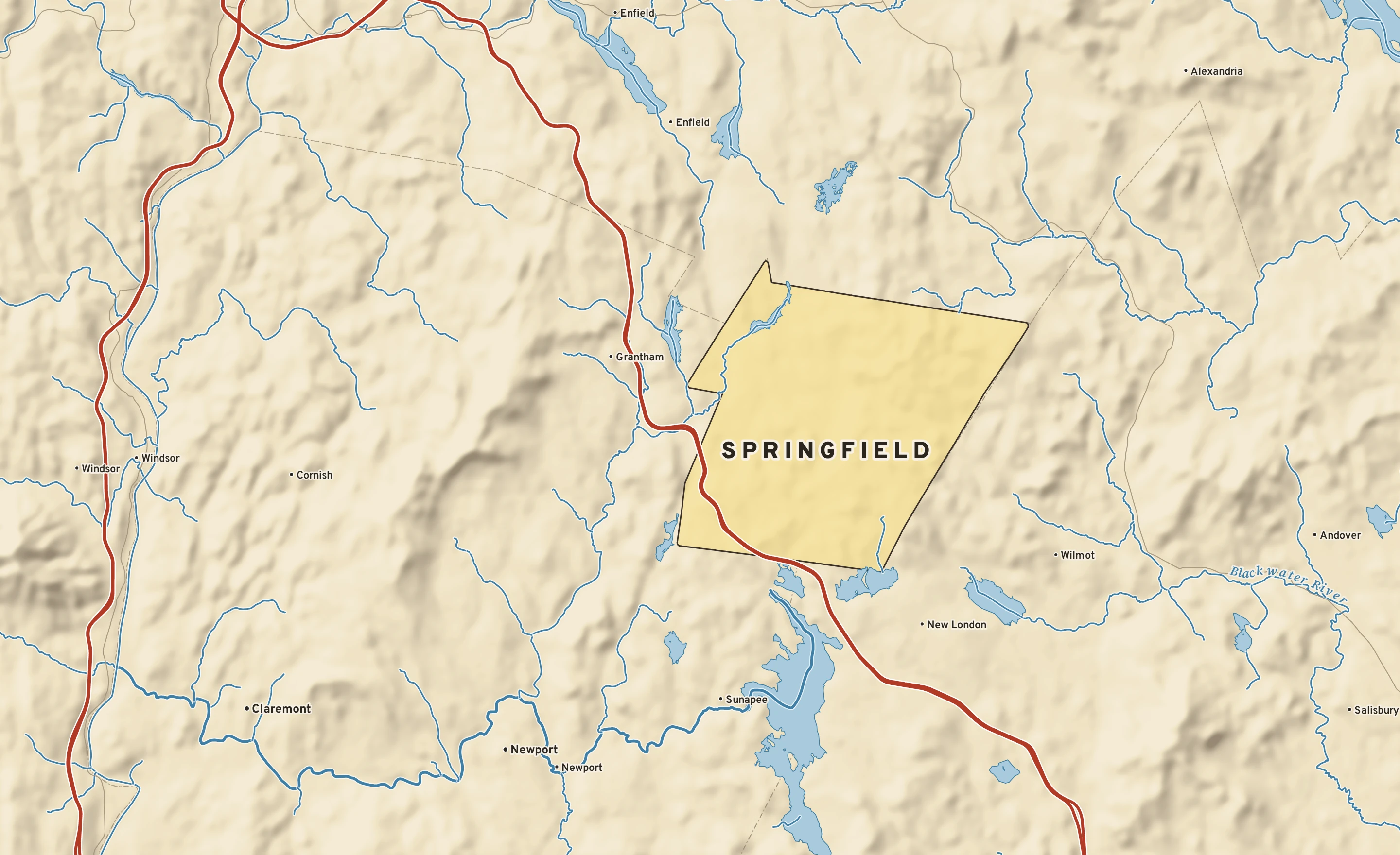 Shaded-relief atlas plate of Springfield, New Hampshire: rivers, roads, the city limits and where the water drains.