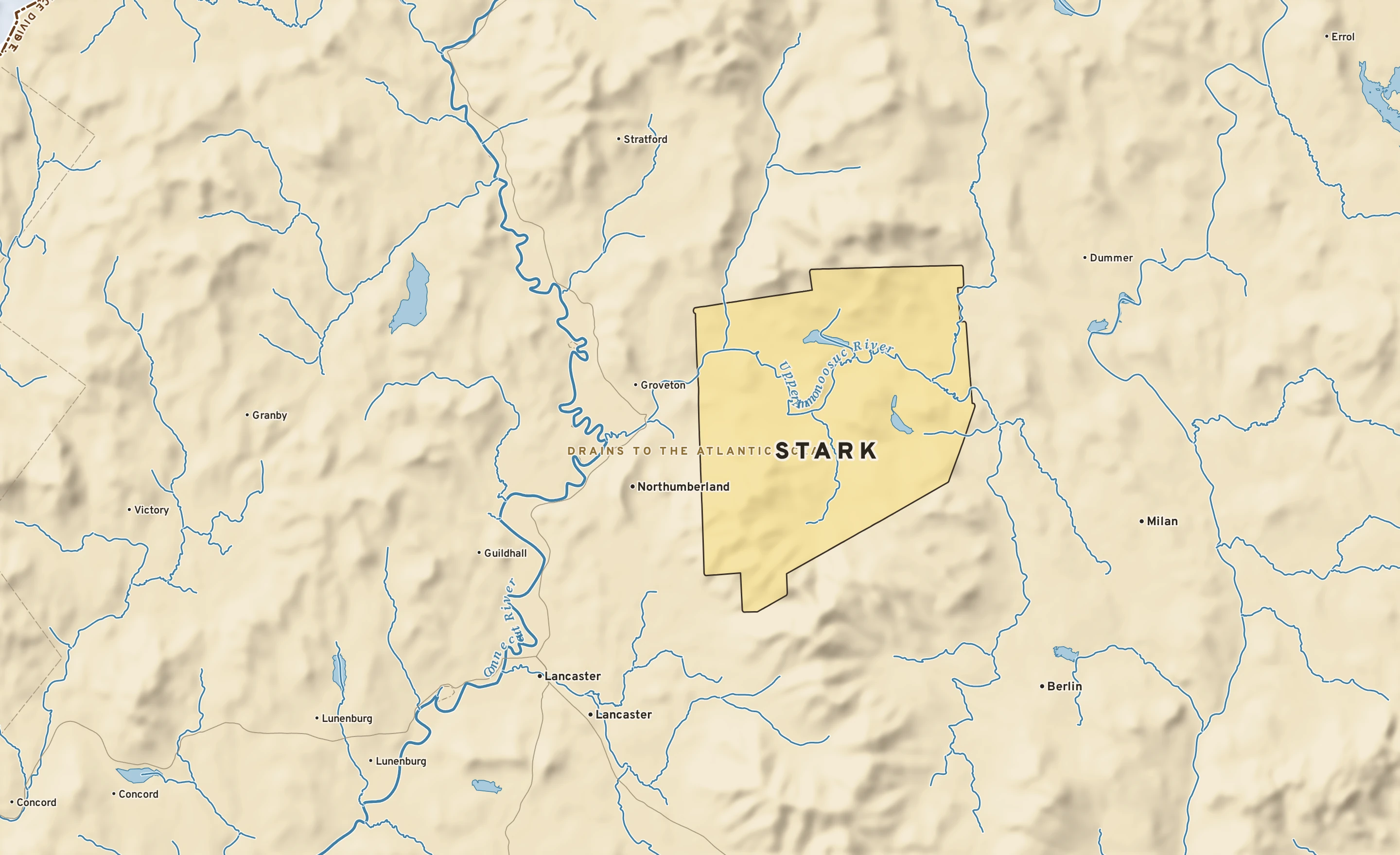 Shaded-relief atlas plate of Stark, New Hampshire: rivers, roads, the city limits and where the water drains.