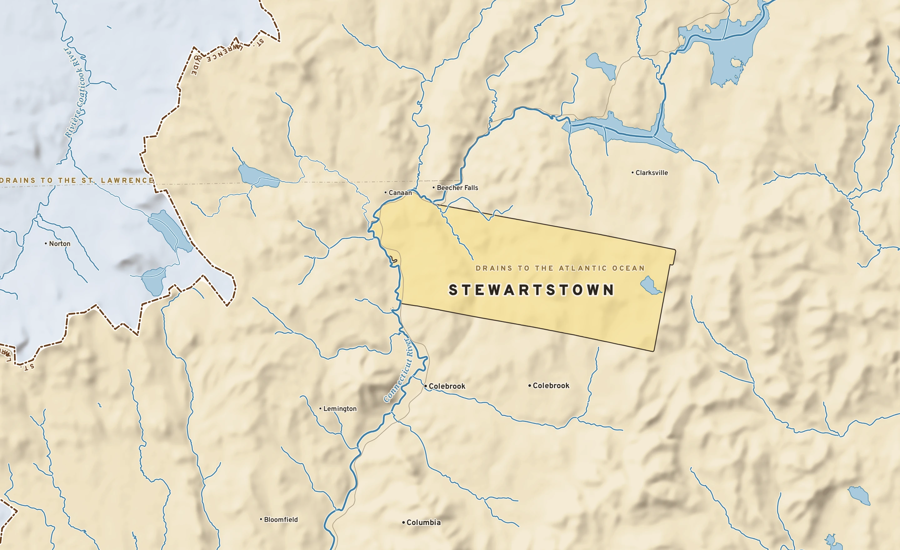 Shaded-relief atlas plate of Stewartstown, New Hampshire: rivers, roads, the city limits and where the water drains.