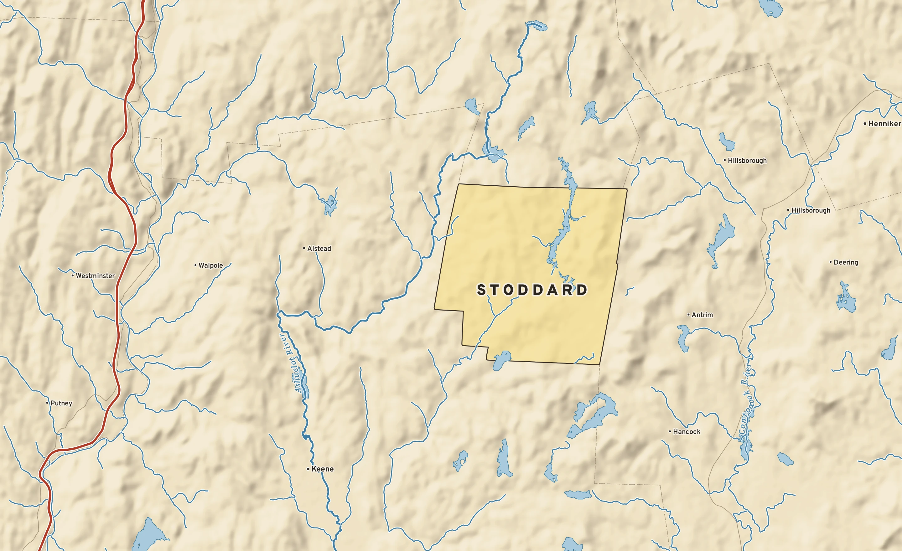 Shaded-relief atlas plate of Stoddard, New Hampshire: rivers, roads, the city limits and where the water drains.