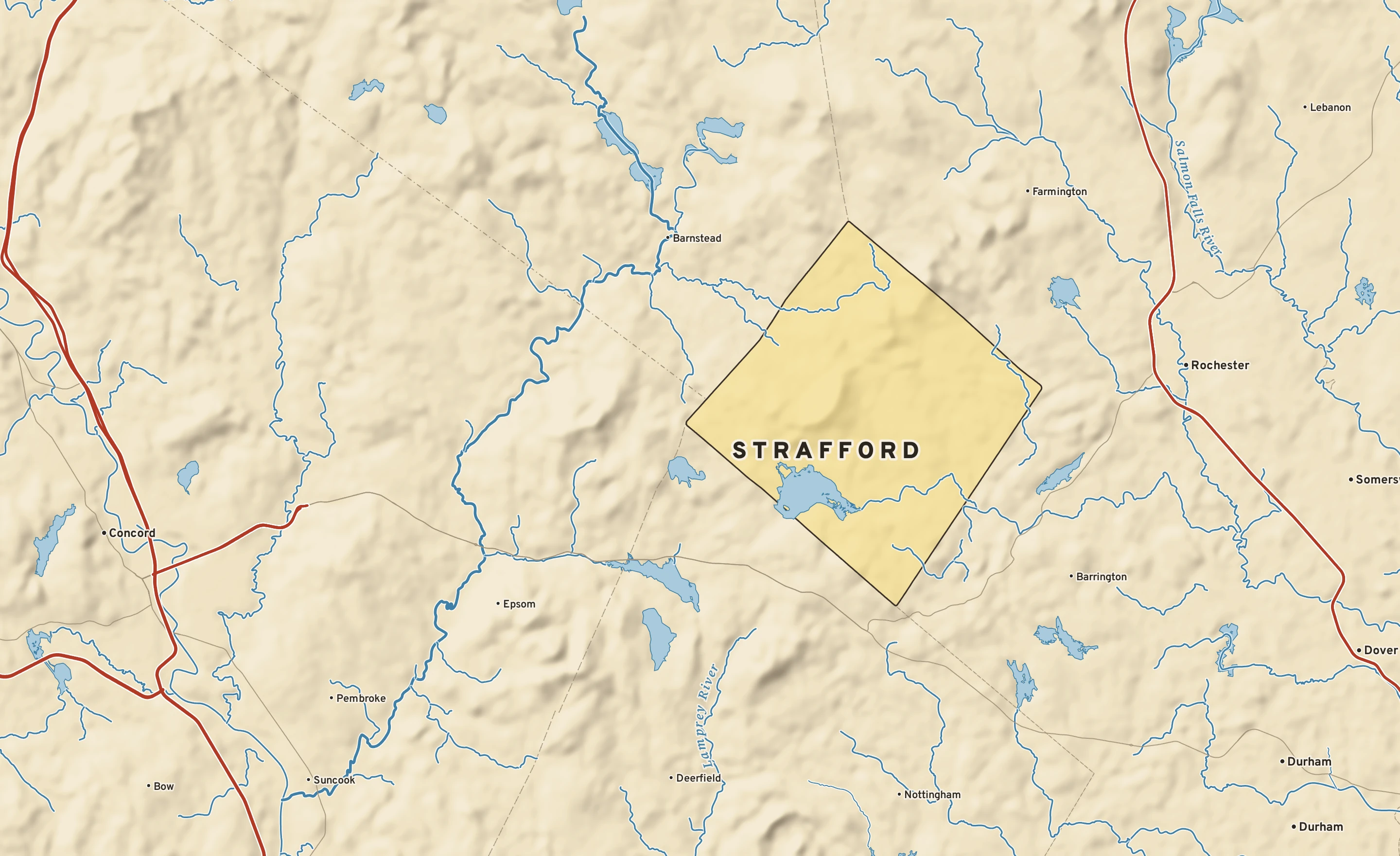 Shaded-relief atlas plate of Strafford, New Hampshire: rivers, roads, the city limits and where the water drains.