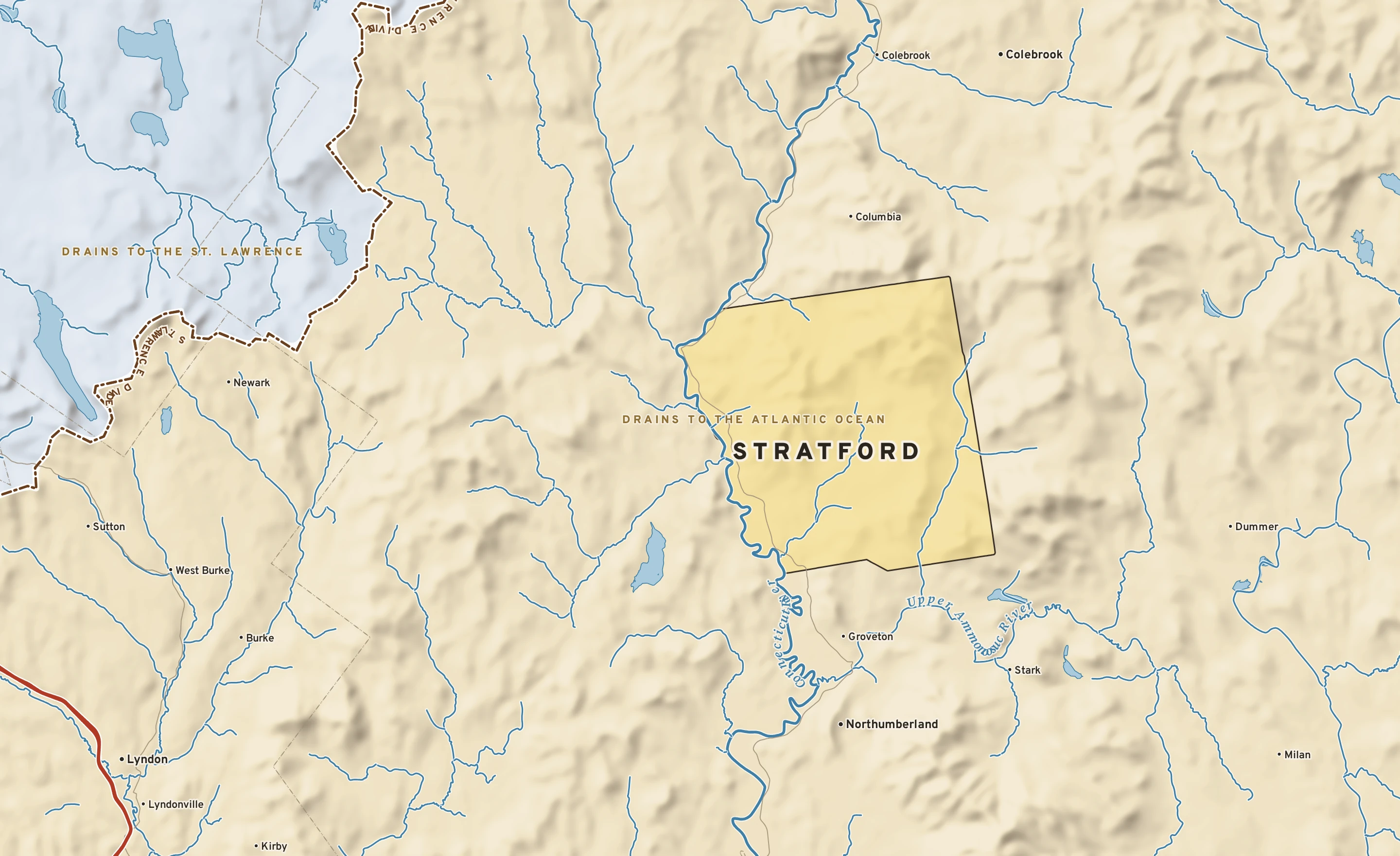 Shaded-relief atlas plate of Stratford, New Hampshire: rivers, roads, the city limits and where the water drains.