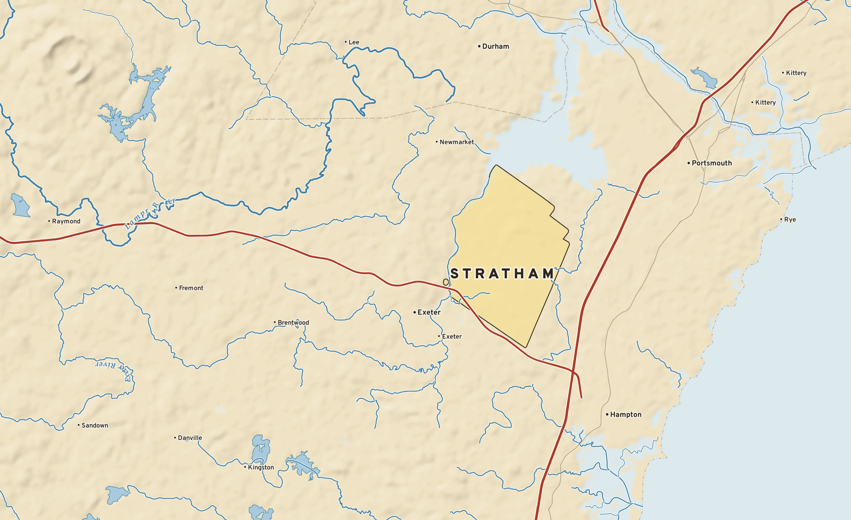 Shaded-relief atlas plate of Stratham, New Hampshire: rivers, roads, the city limits and where the water drains.