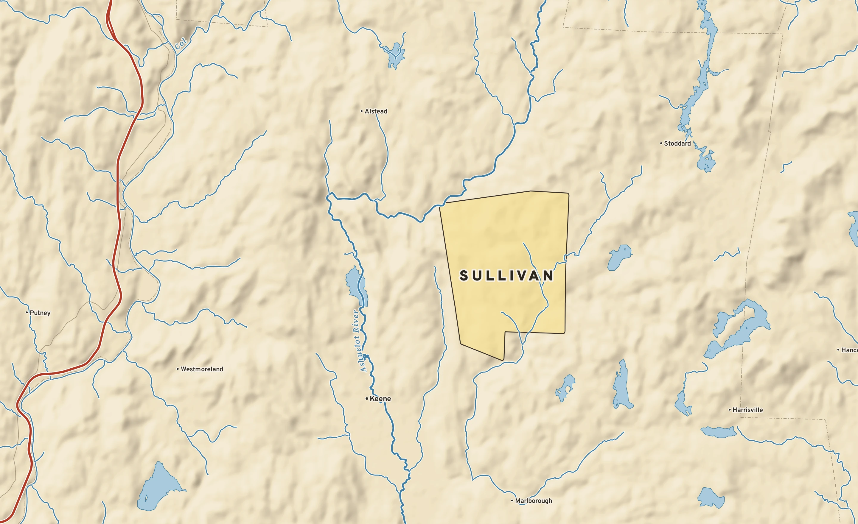 Shaded-relief atlas plate of Sullivan, New Hampshire: rivers, roads, the city limits and where the water drains.