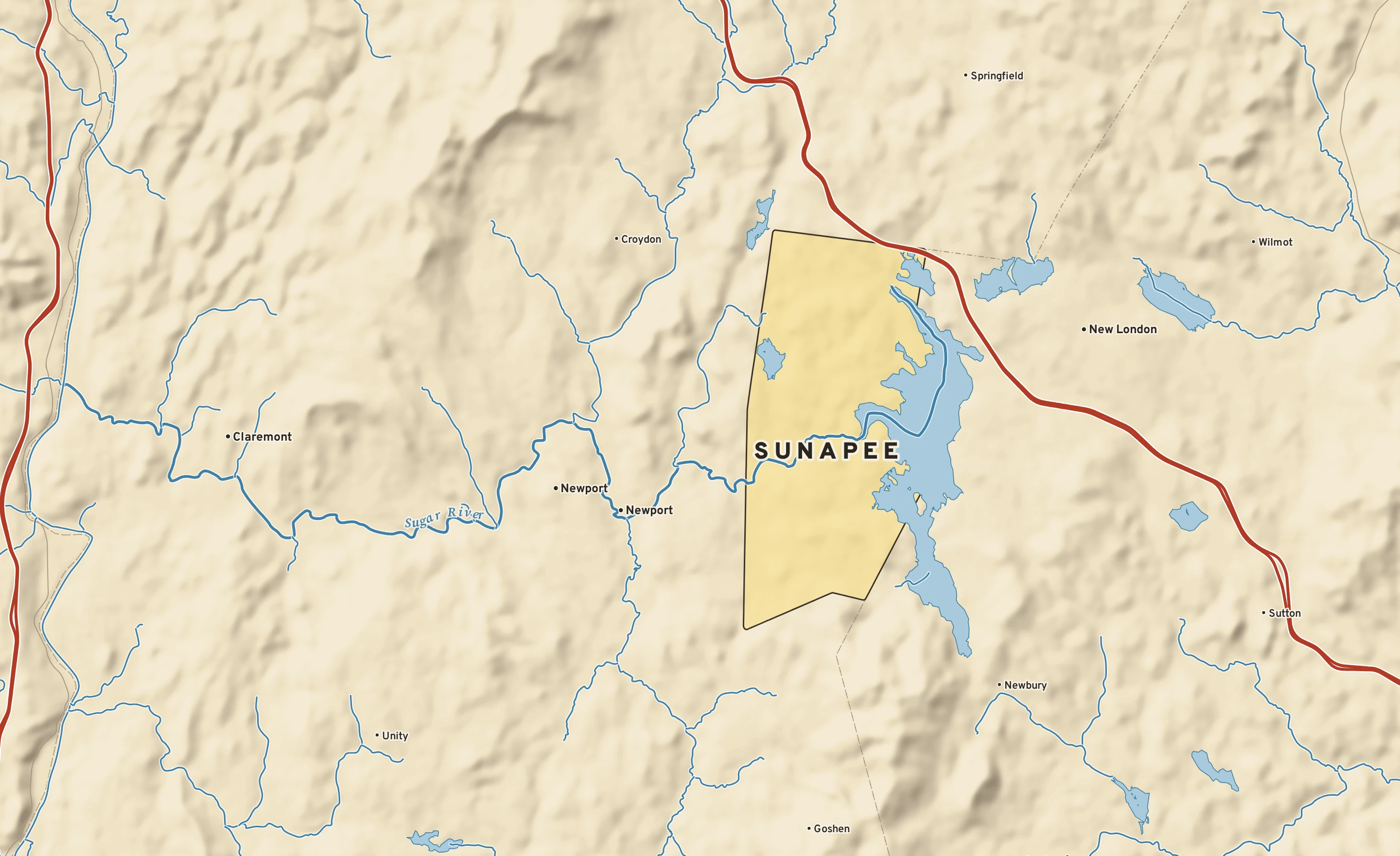 Shaded-relief atlas plate of Sunapee, New Hampshire: rivers, roads, the city limits and where the water drains.