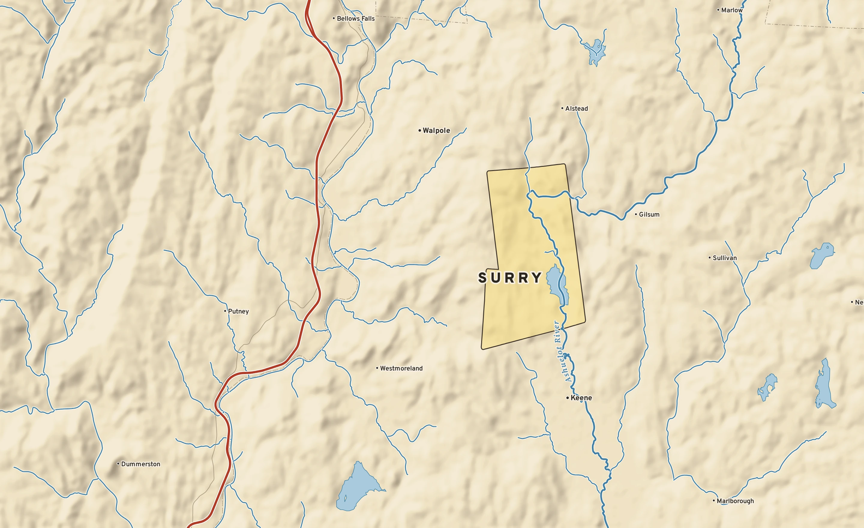 Shaded-relief atlas plate of Surry, New Hampshire: rivers, roads, the city limits and where the water drains.