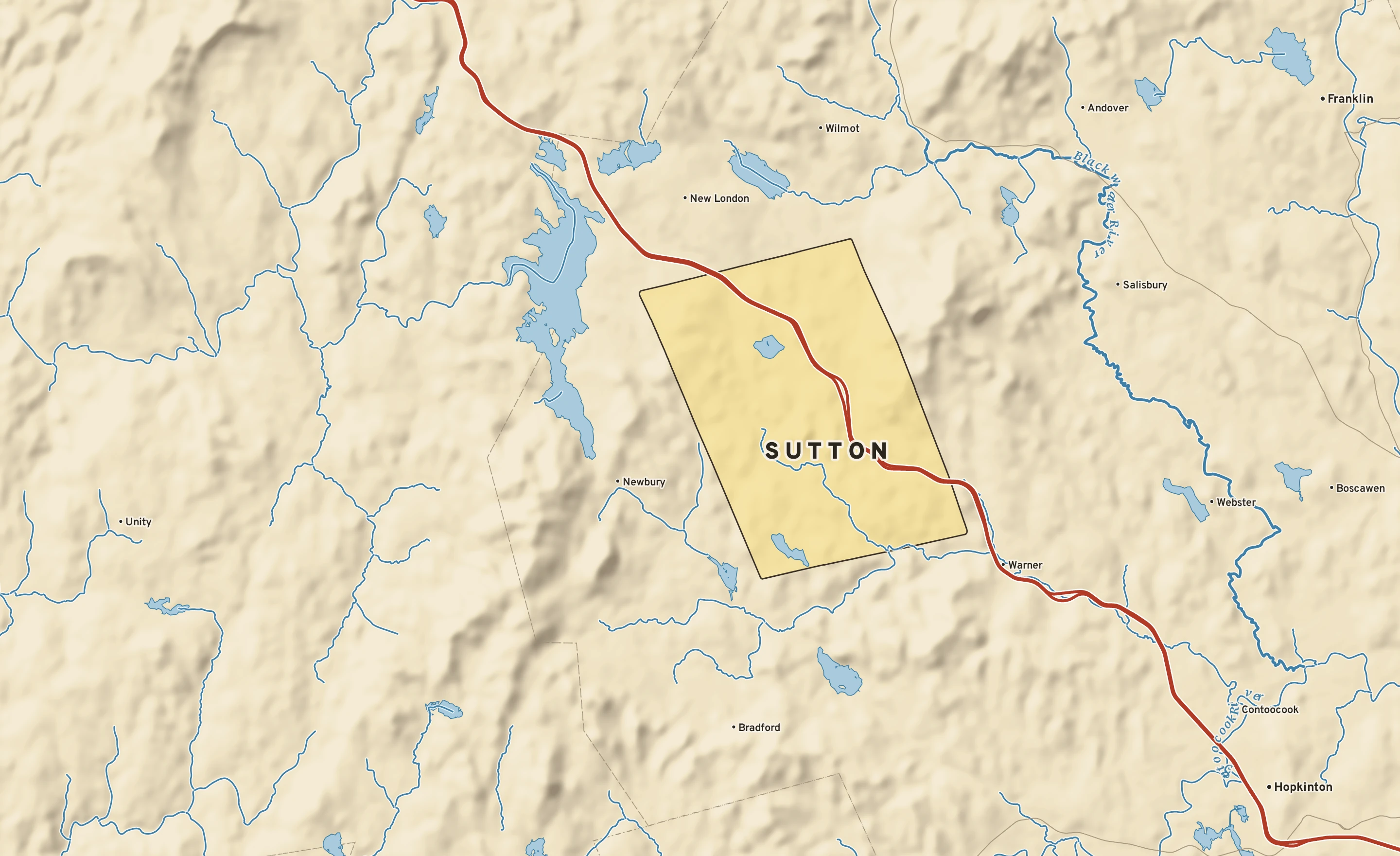 Shaded-relief atlas plate of Sutton, New Hampshire: rivers, roads, the city limits and where the water drains.