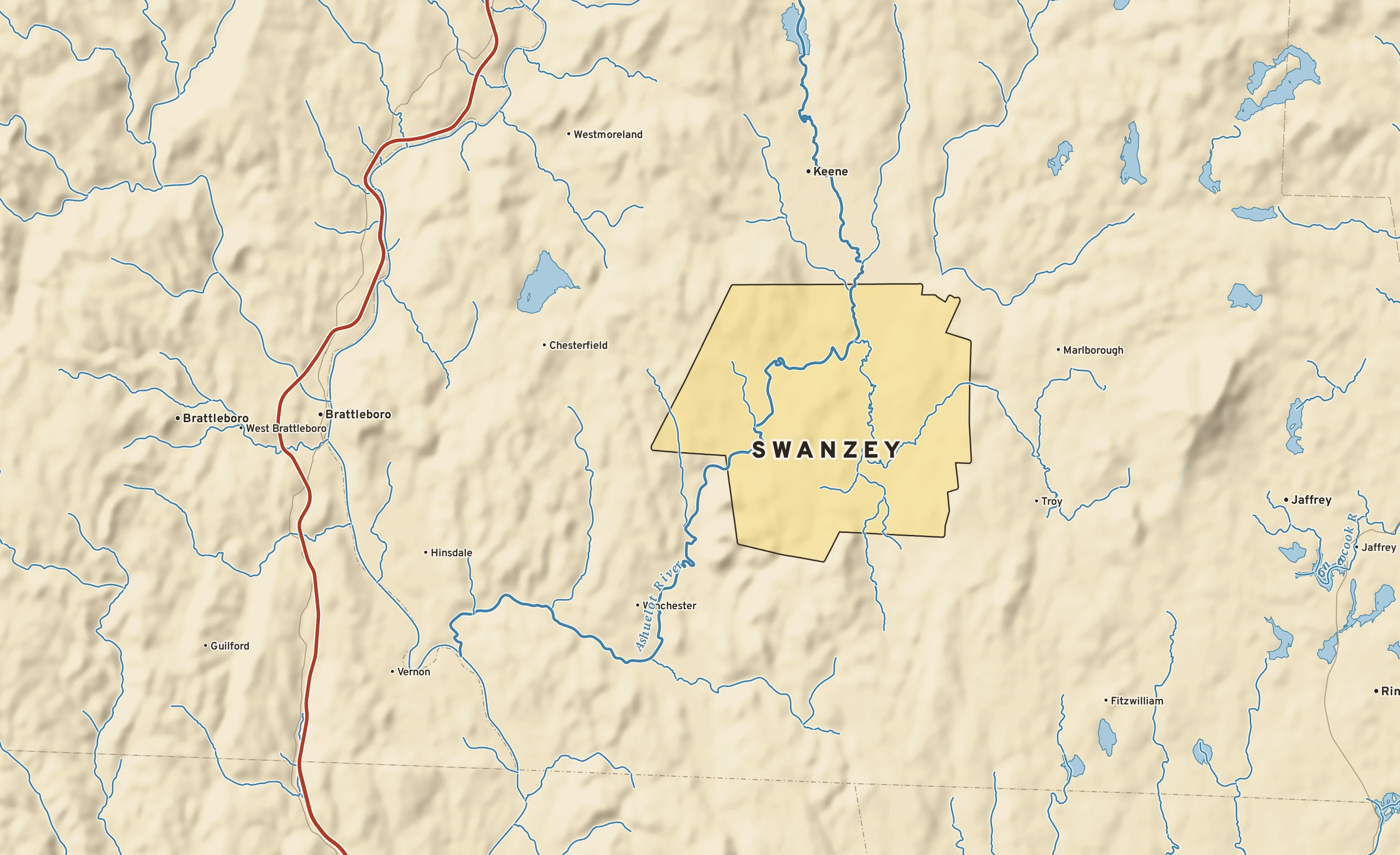 Shaded-relief atlas plate of Swanzey, New Hampshire: rivers, roads, the city limits and where the water drains.