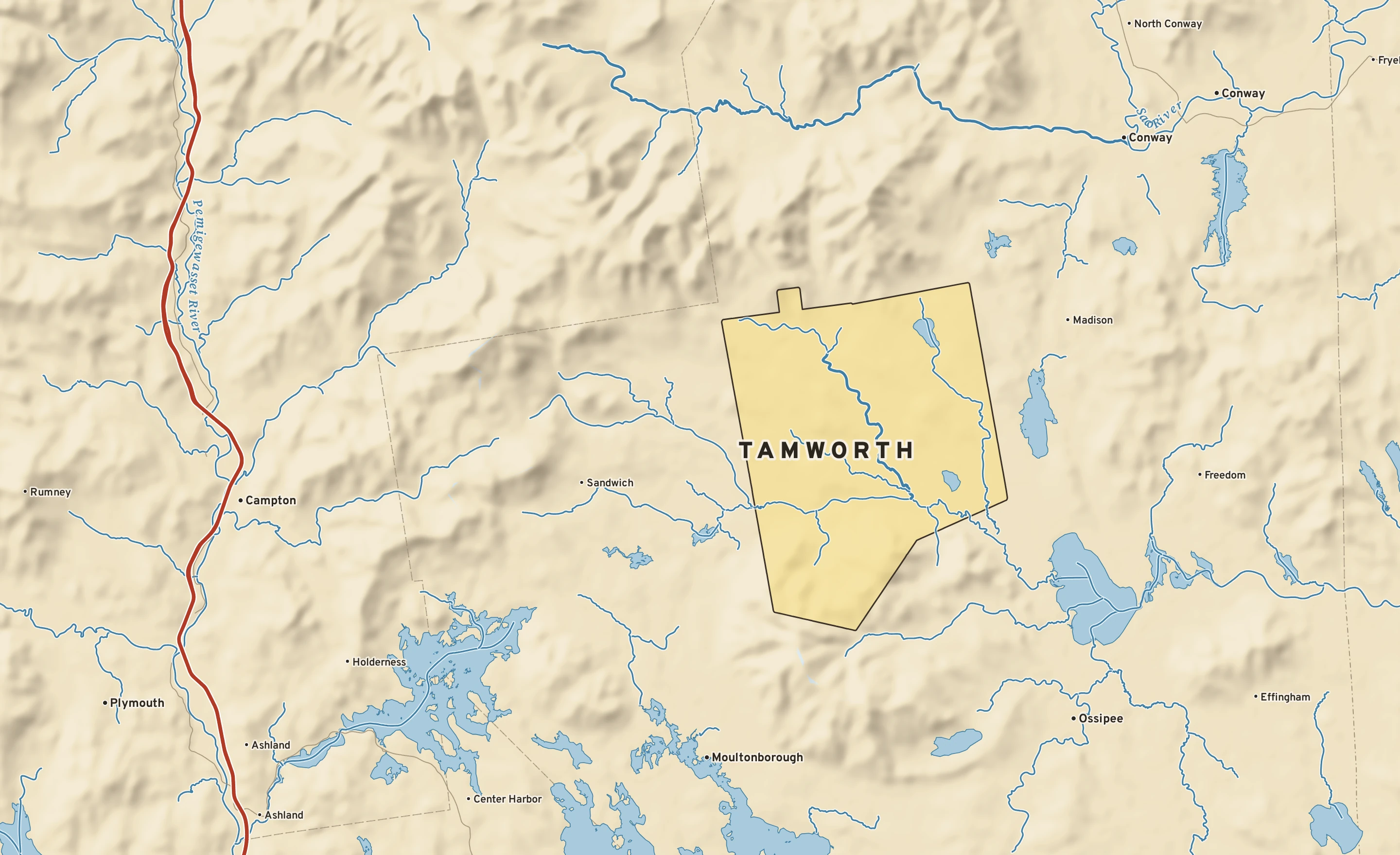 Shaded-relief atlas plate of Tamworth, New Hampshire: rivers, roads, the city limits and where the water drains.