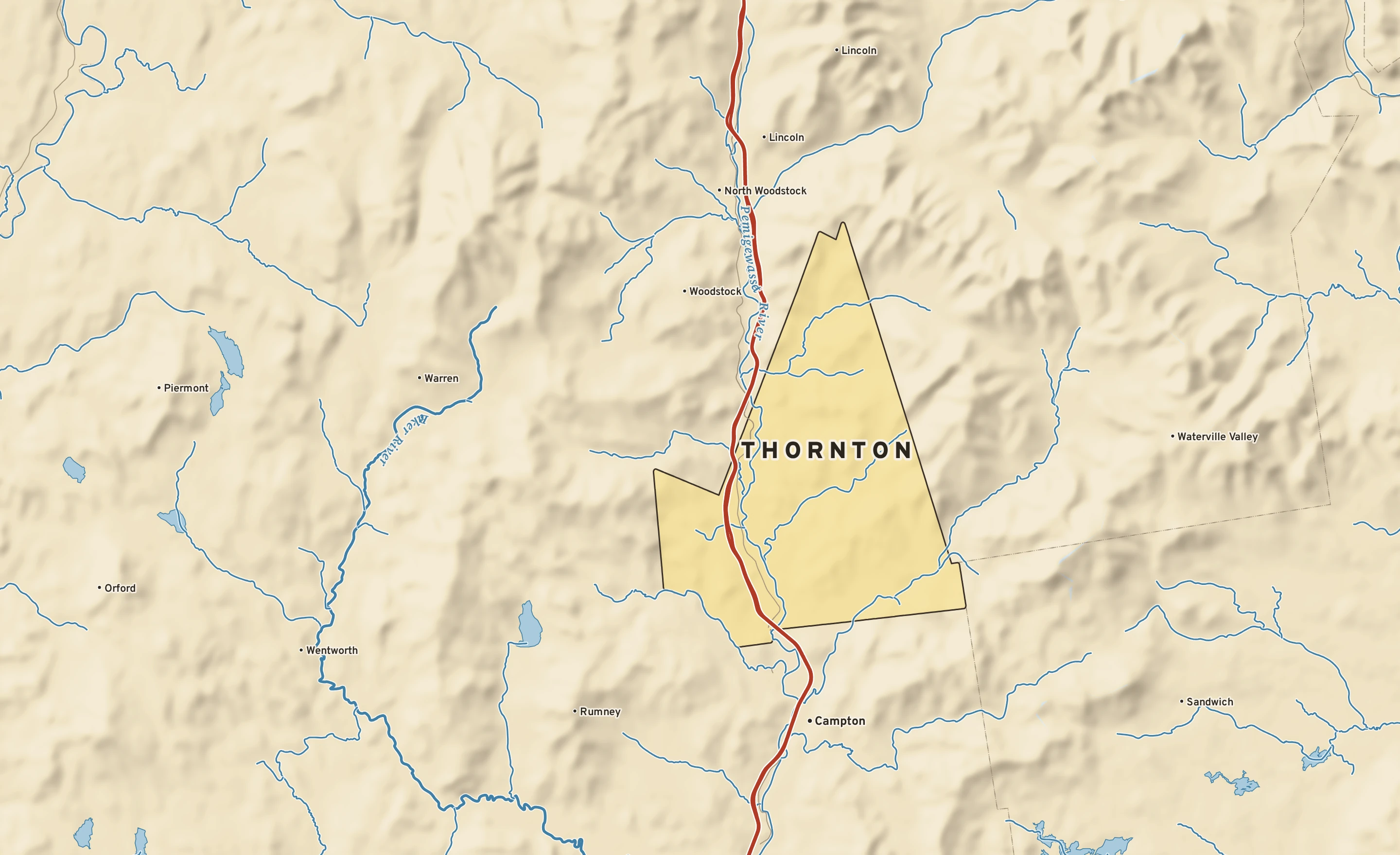 Shaded-relief atlas plate of Thornton, New Hampshire: rivers, roads, the city limits and where the water drains.