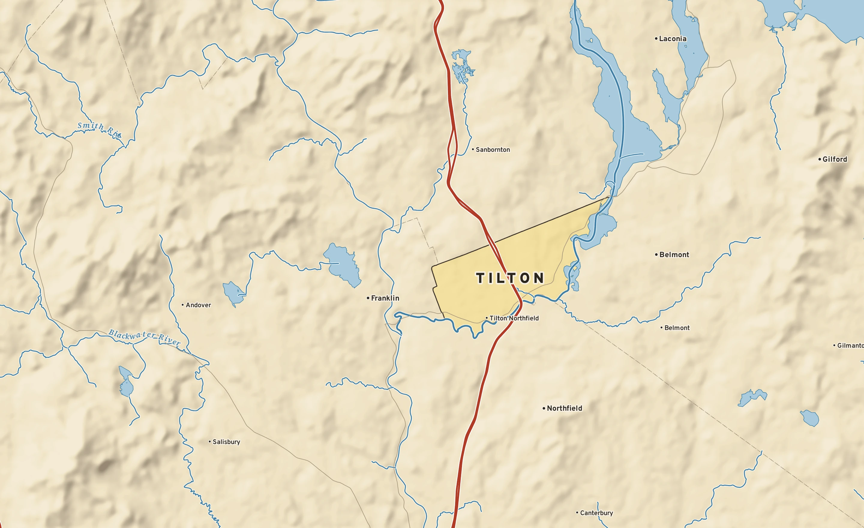 Shaded-relief atlas plate of Tilton, New Hampshire: rivers, roads, the city limits and where the water drains.