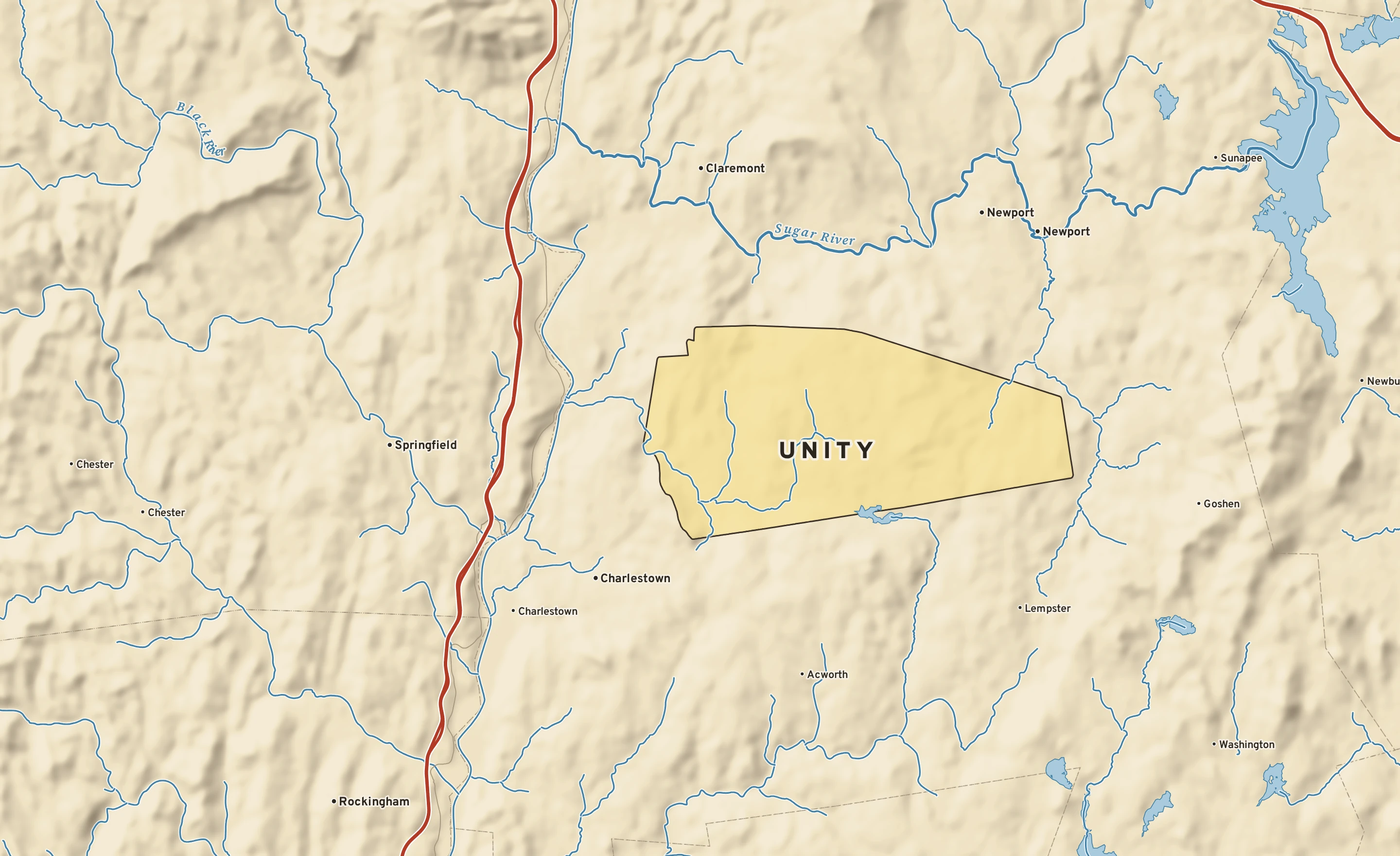 Shaded-relief atlas plate of Unity, New Hampshire: rivers, roads, the city limits and where the water drains.