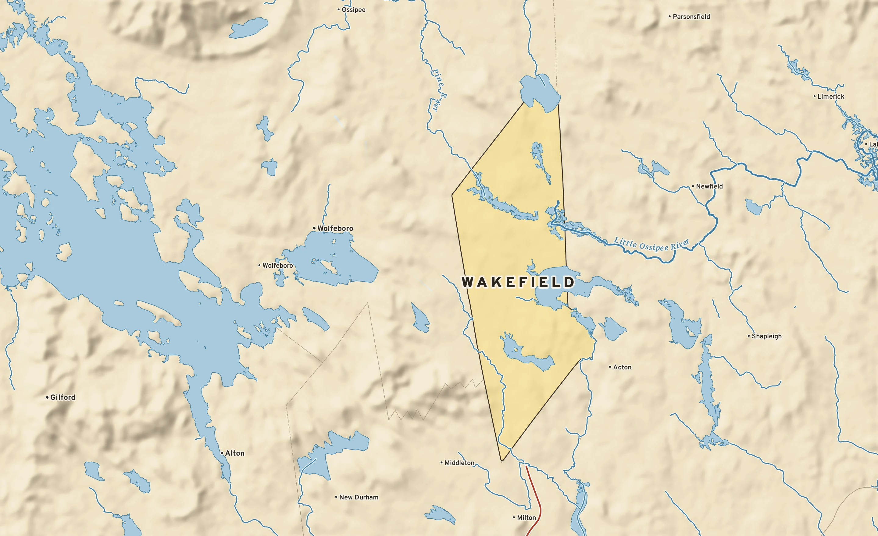 Shaded-relief atlas plate of Wakefield, New Hampshire: rivers, roads, the city limits and where the water drains.