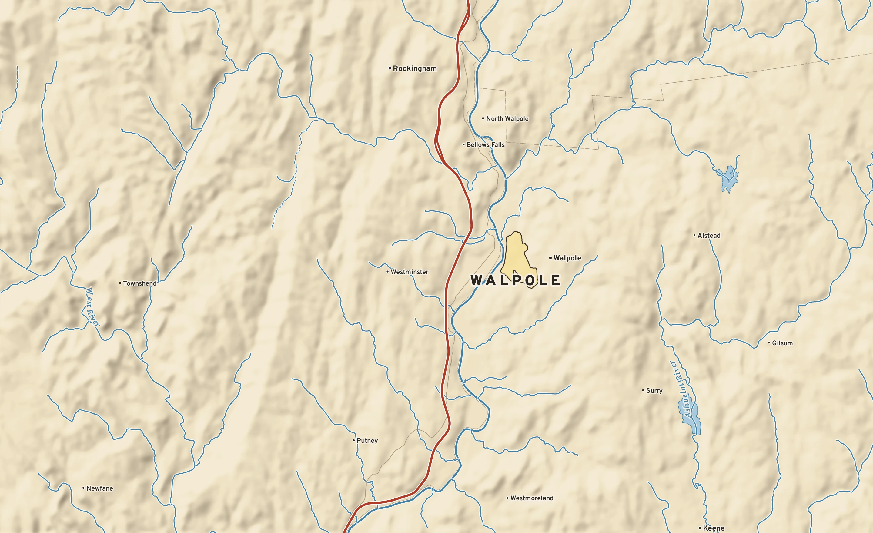 Shaded-relief atlas plate of Walpole, New Hampshire: rivers, roads, the city limits and where the water drains.