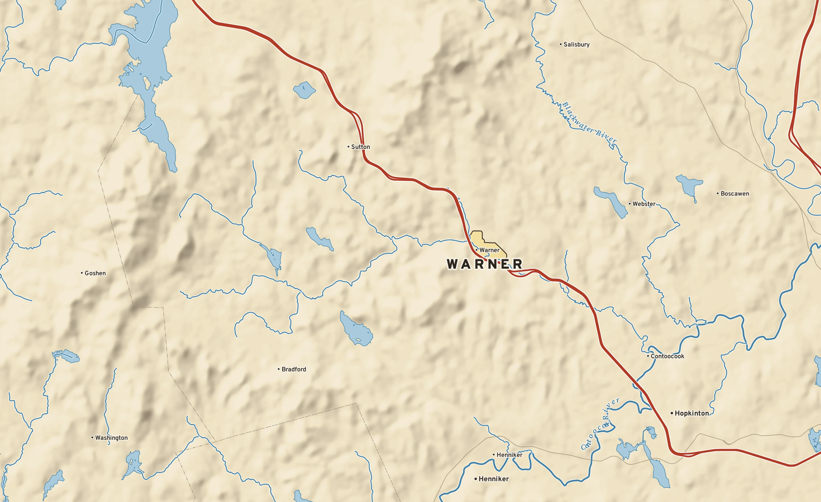 Shaded-relief atlas plate of Warner, New Hampshire: rivers, roads, the city limits and where the water drains.