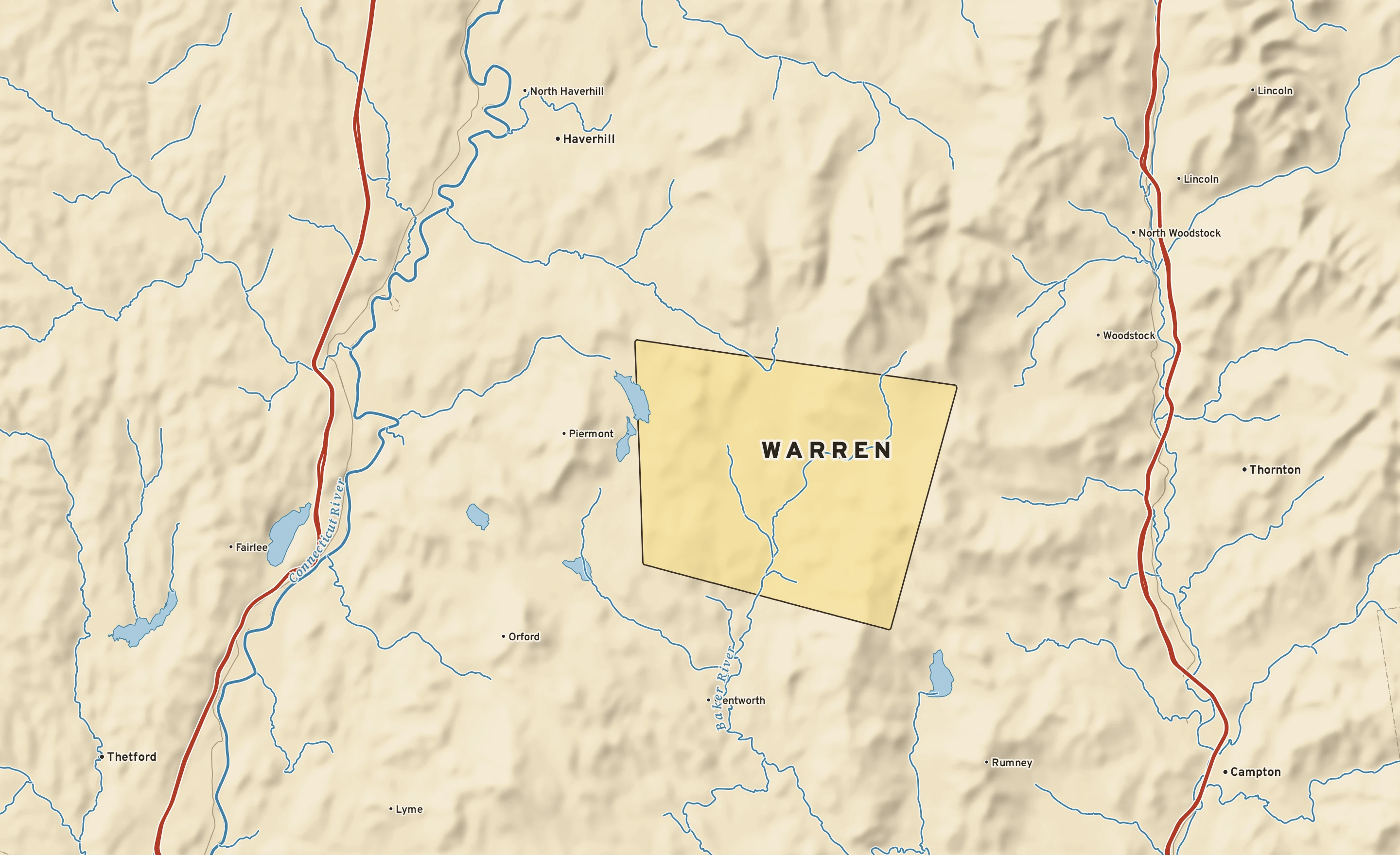 Shaded-relief atlas plate of Warren, New Hampshire: rivers, roads, the city limits and where the water drains.