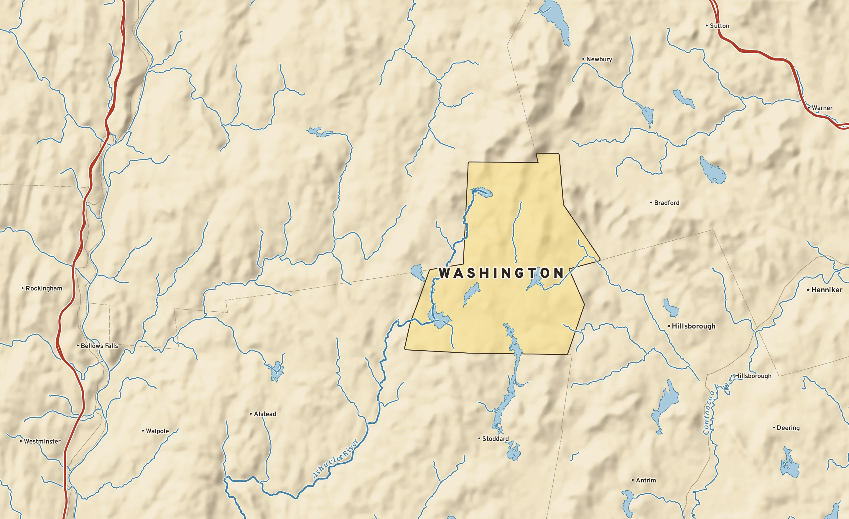 Shaded-relief atlas plate of Washington, New Hampshire: rivers, roads, the city limits and where the water drains.