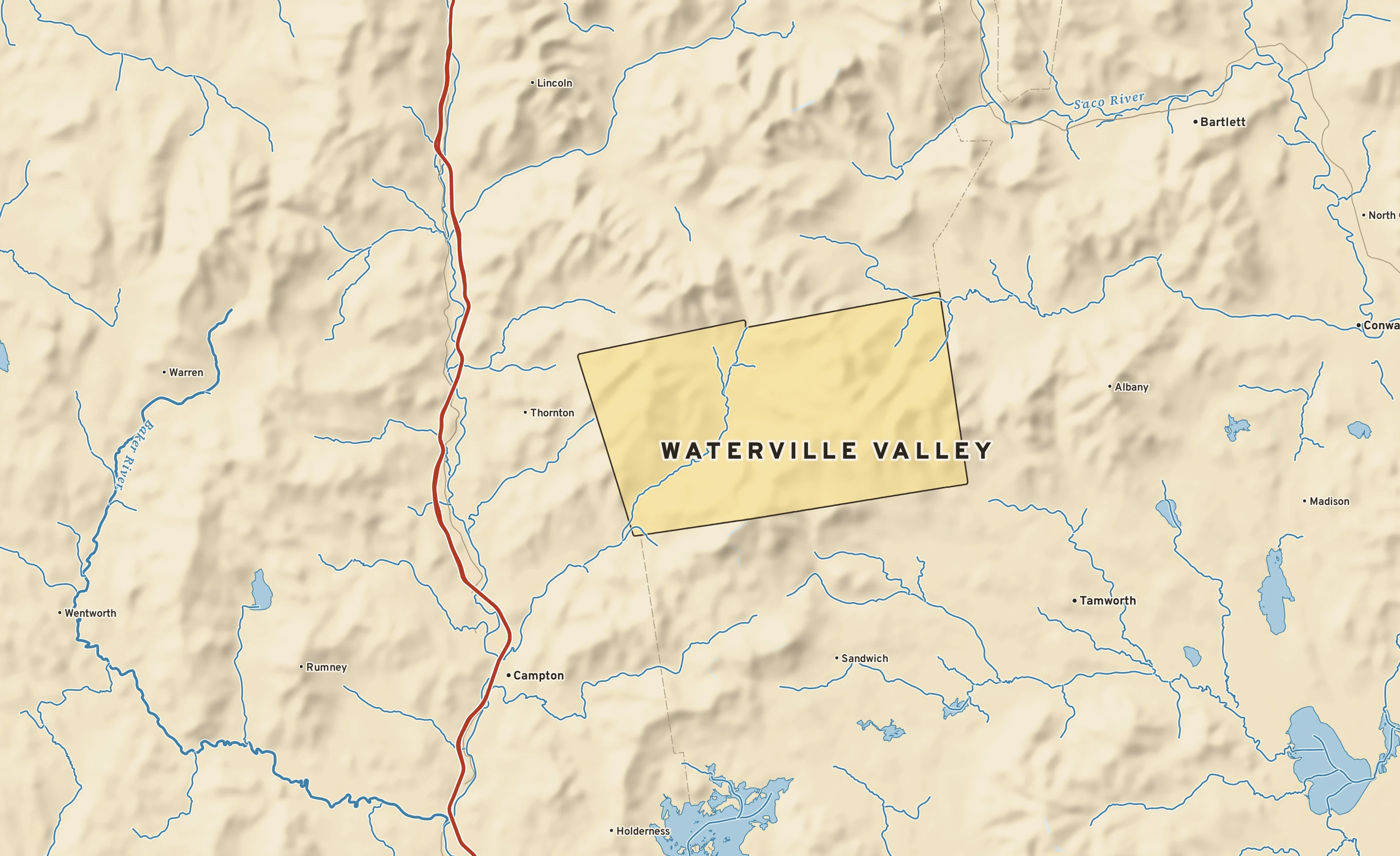 Shaded-relief atlas plate of Waterville Valley, New Hampshire: rivers, roads, the city limits and where the water drains.
