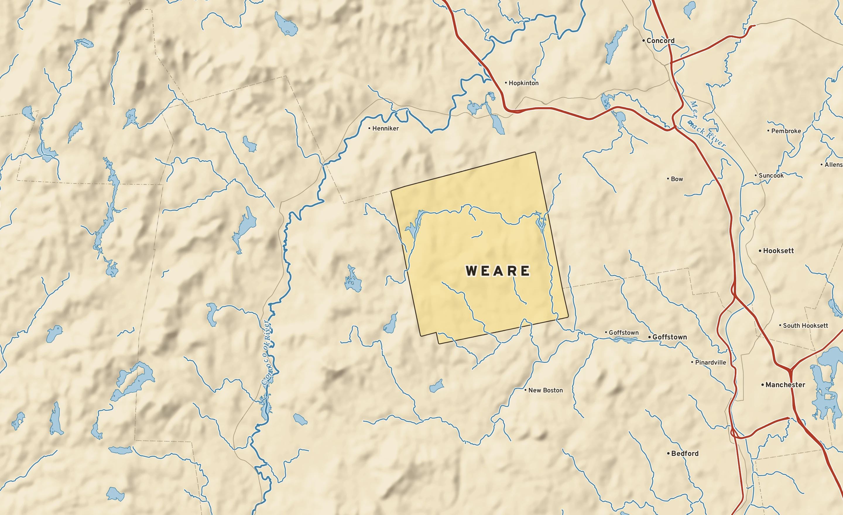 Shaded-relief atlas plate of Weare, New Hampshire: rivers, roads, the city limits and where the water drains.