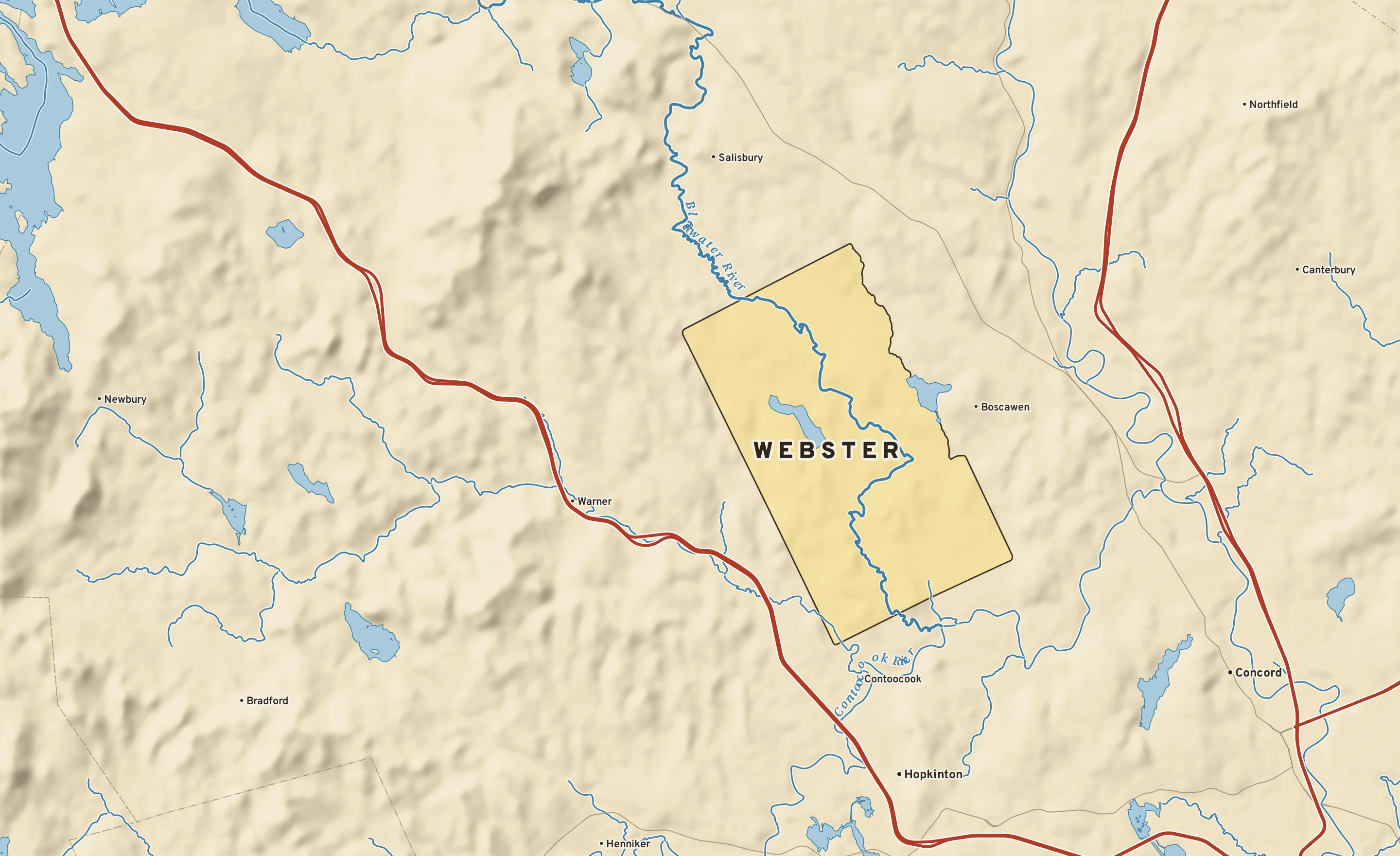 Shaded-relief atlas plate of Webster, New Hampshire: rivers, roads, the city limits and where the water drains.