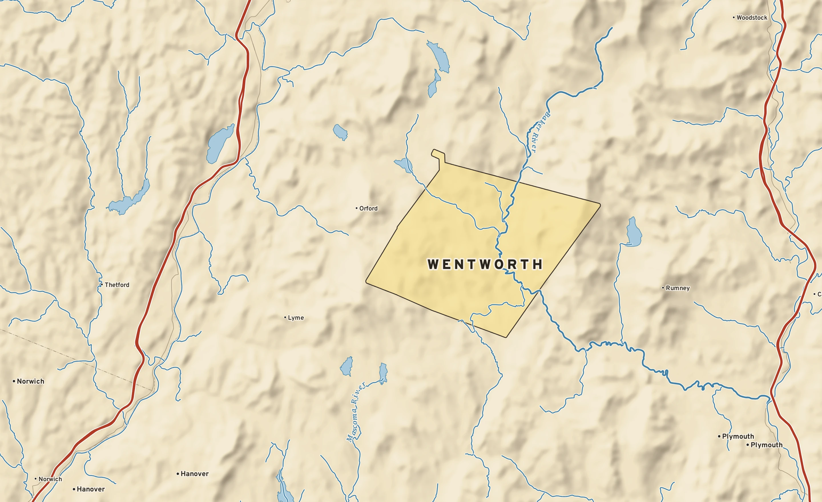 Shaded-relief atlas plate of Wentworth, New Hampshire: rivers, roads, the city limits and where the water drains.