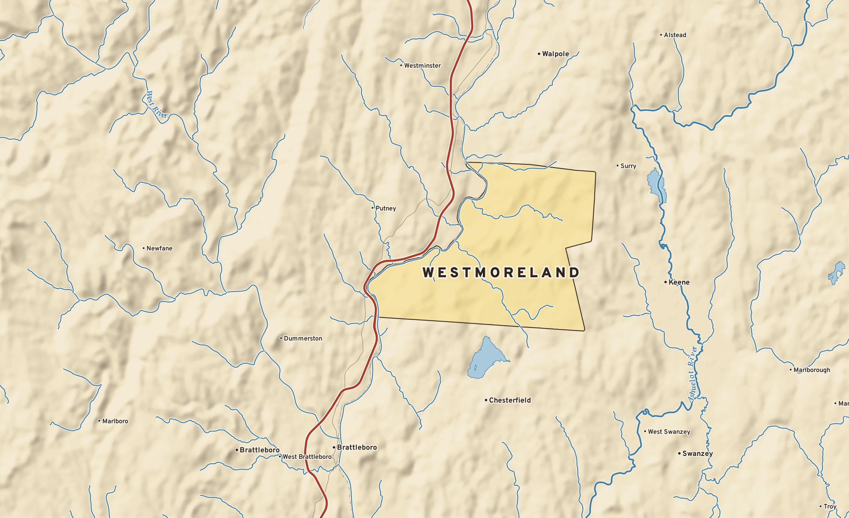Shaded-relief atlas plate of Westmoreland, New Hampshire: rivers, roads, the city limits and where the water drains.