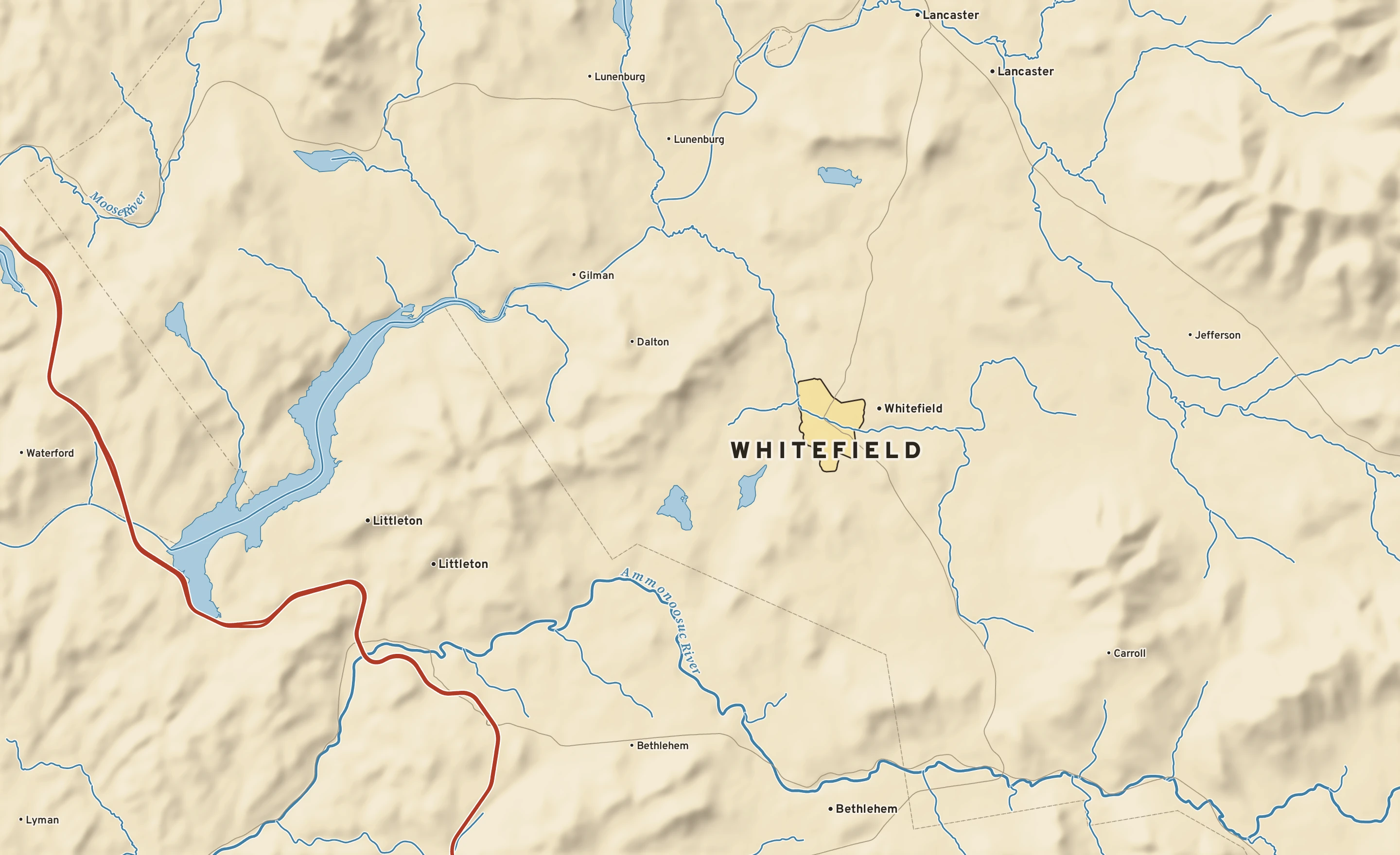 Shaded-relief atlas plate of Whitefield, New Hampshire: rivers, roads, the city limits and where the water drains.