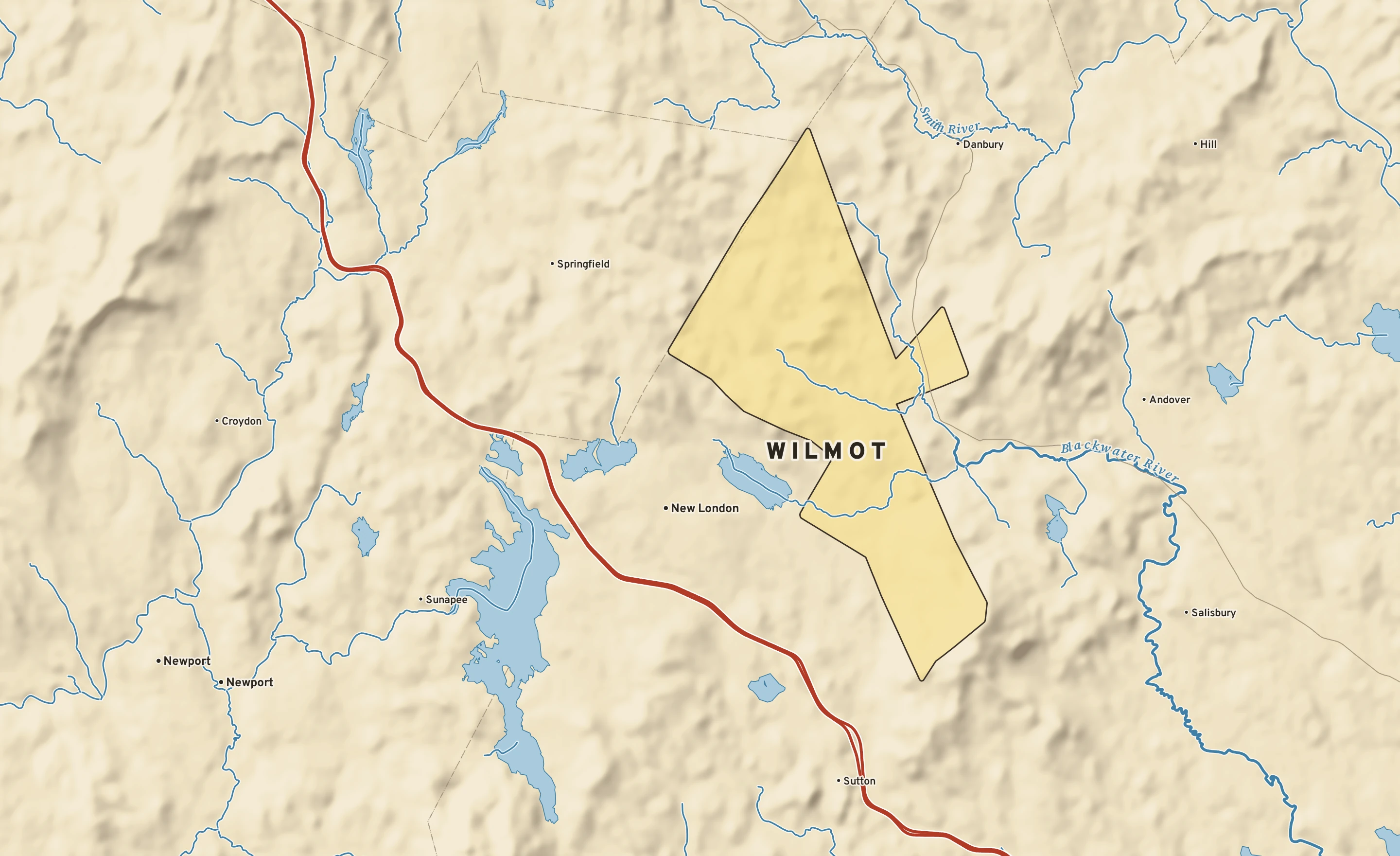Shaded-relief atlas plate of Wilmot, New Hampshire: rivers, roads, the city limits and where the water drains.