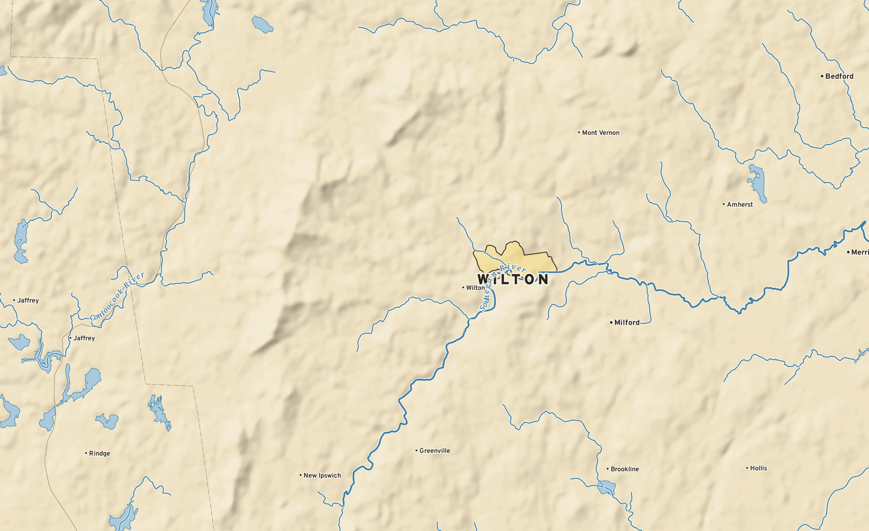 Shaded-relief atlas plate of Wilton, New Hampshire: rivers, roads, the city limits and where the water drains.