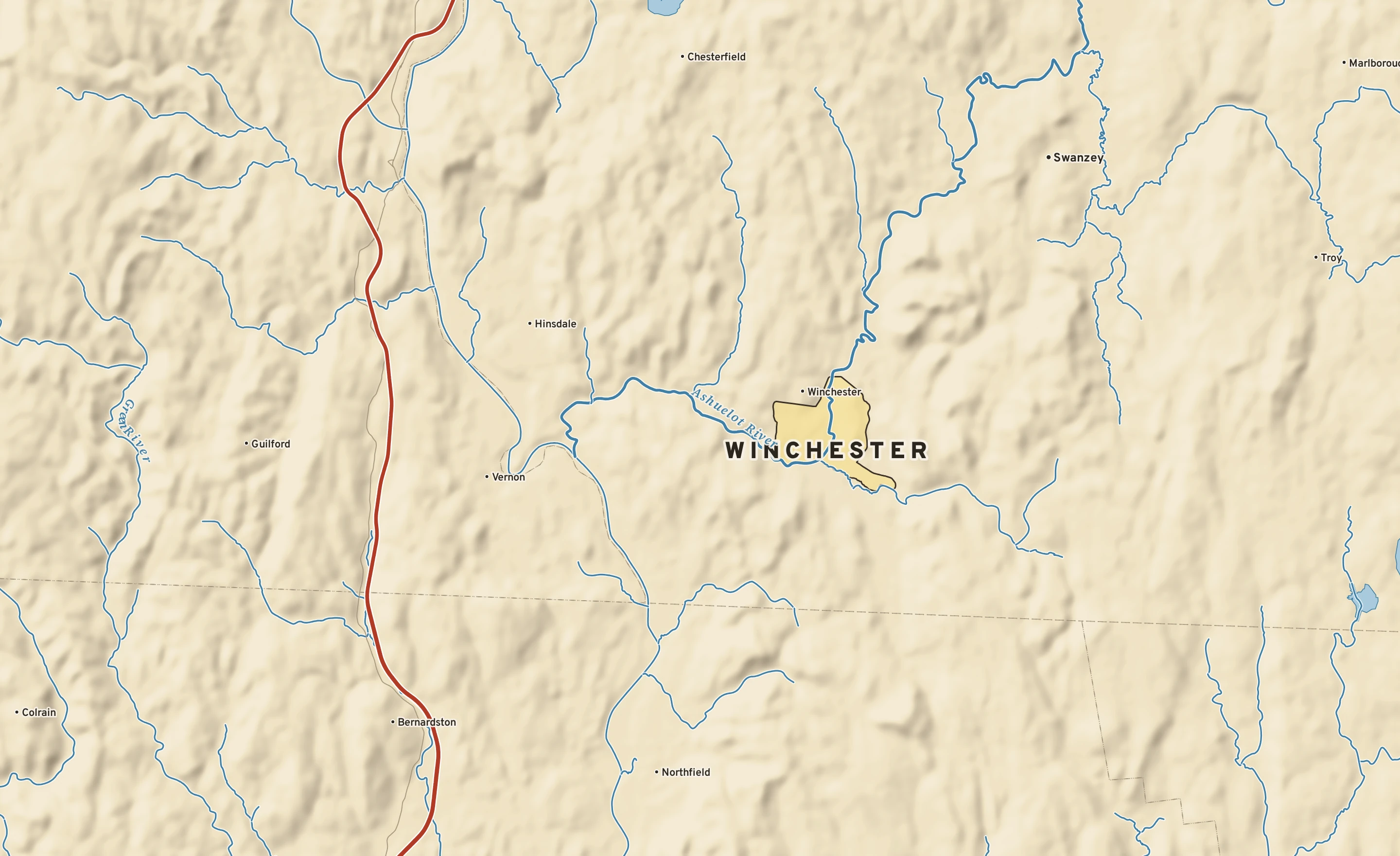 Shaded-relief atlas plate of Winchester, New Hampshire: rivers, roads, the city limits and where the water drains.