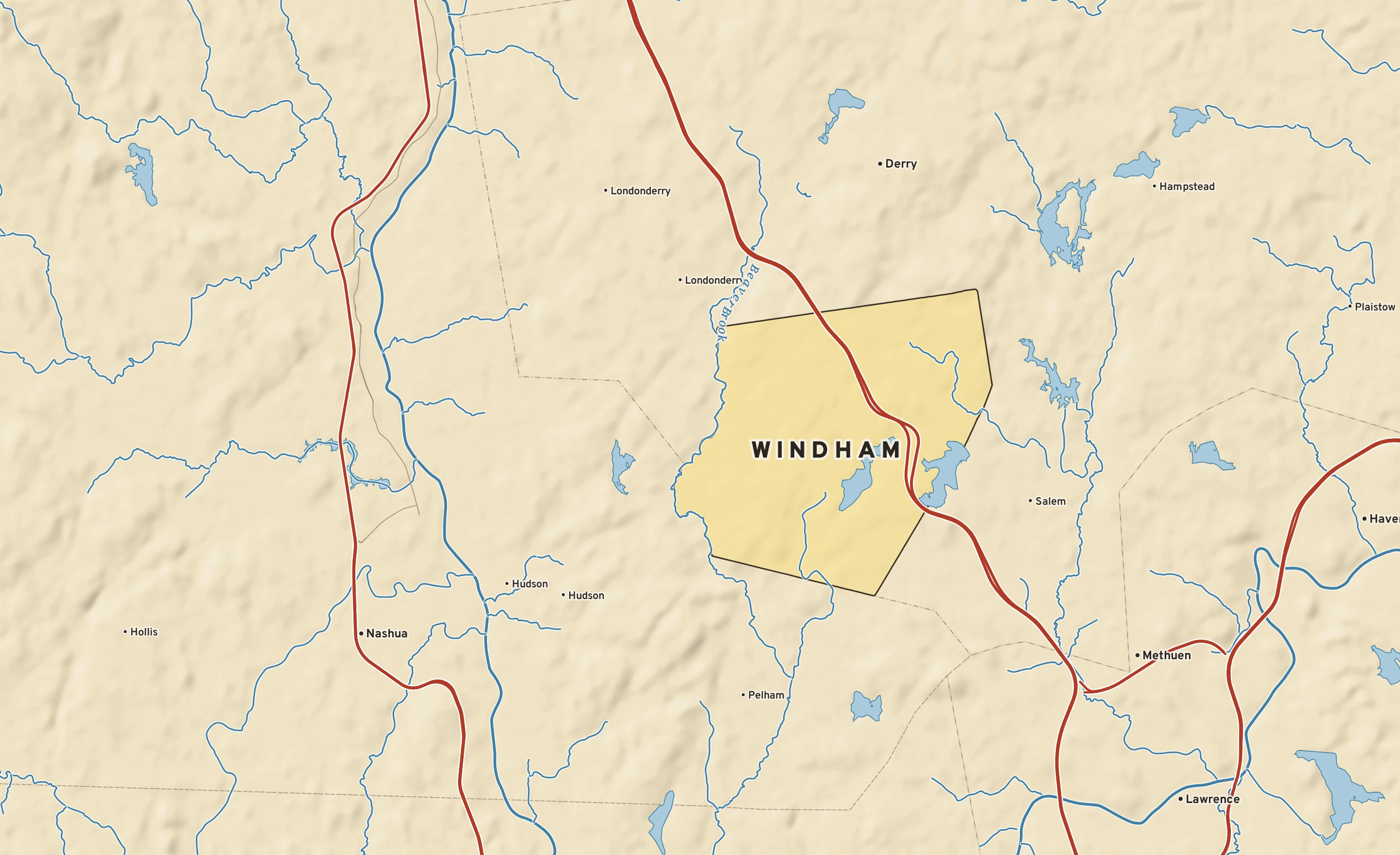 Shaded-relief atlas plate of Windham, New Hampshire: rivers, roads, the city limits and where the water drains.