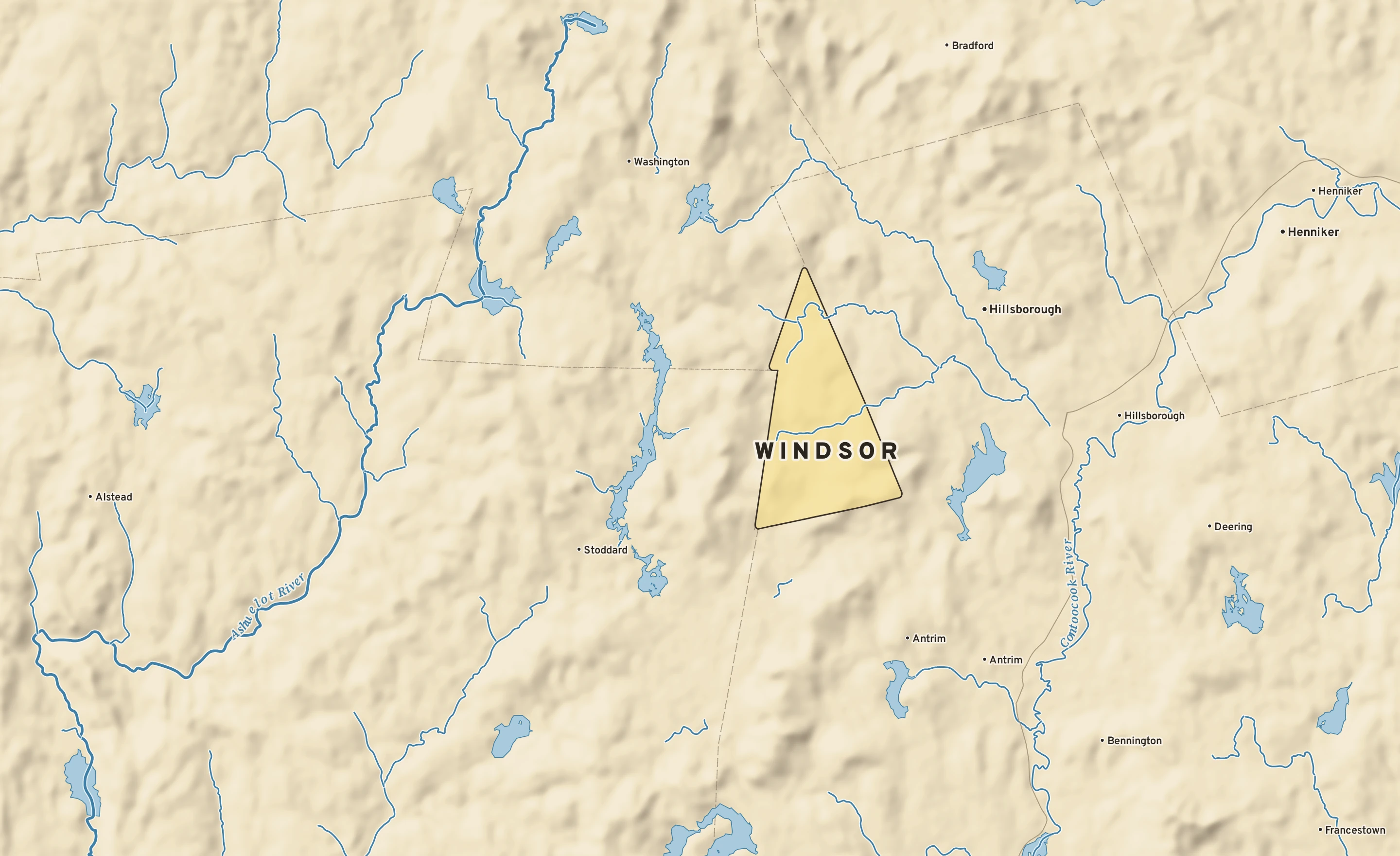 Shaded-relief atlas plate of Windsor, New Hampshire: rivers, roads, the city limits and where the water drains.