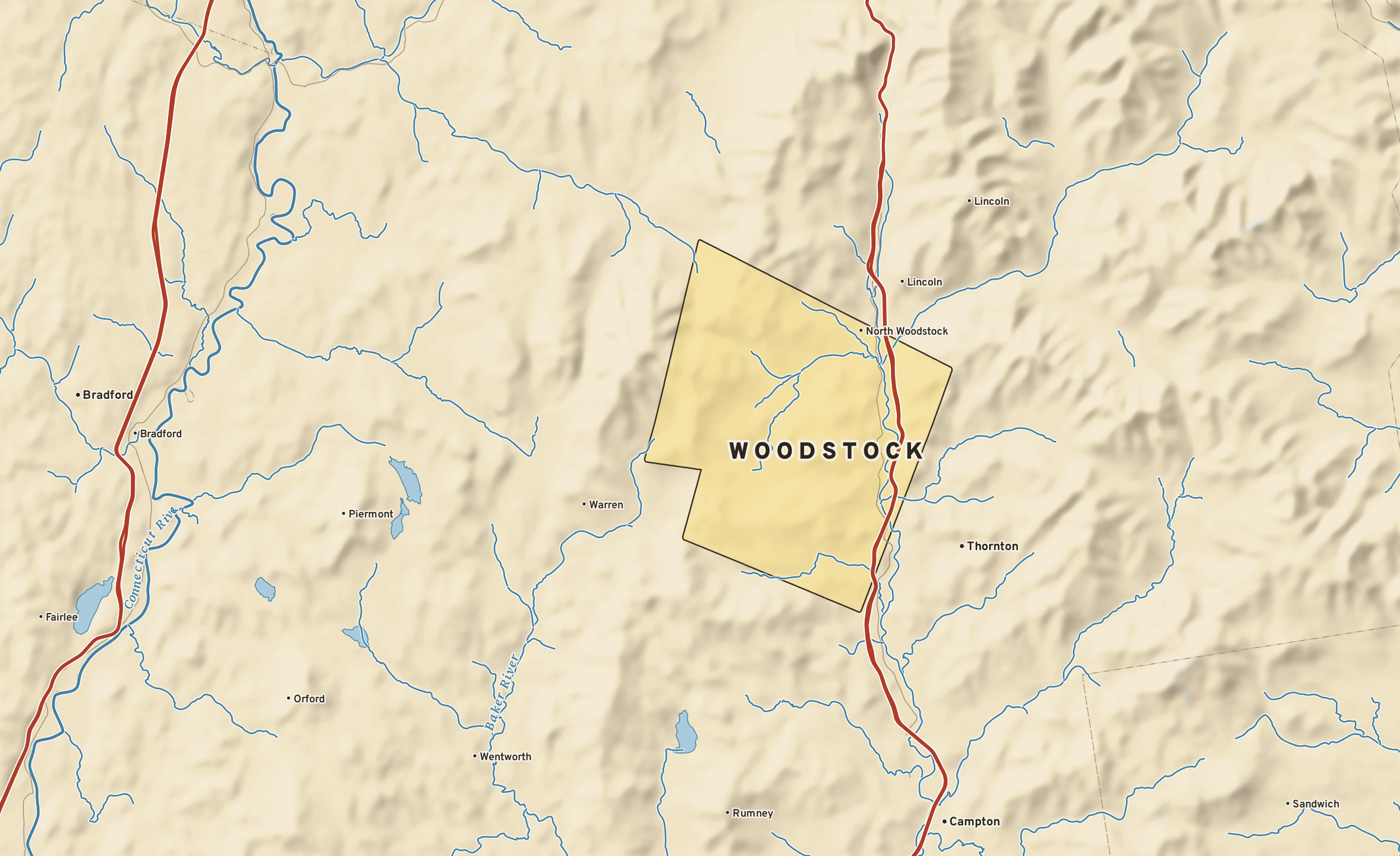Shaded-relief atlas plate of Woodstock, New Hampshire: rivers, roads, the city limits and where the water drains.