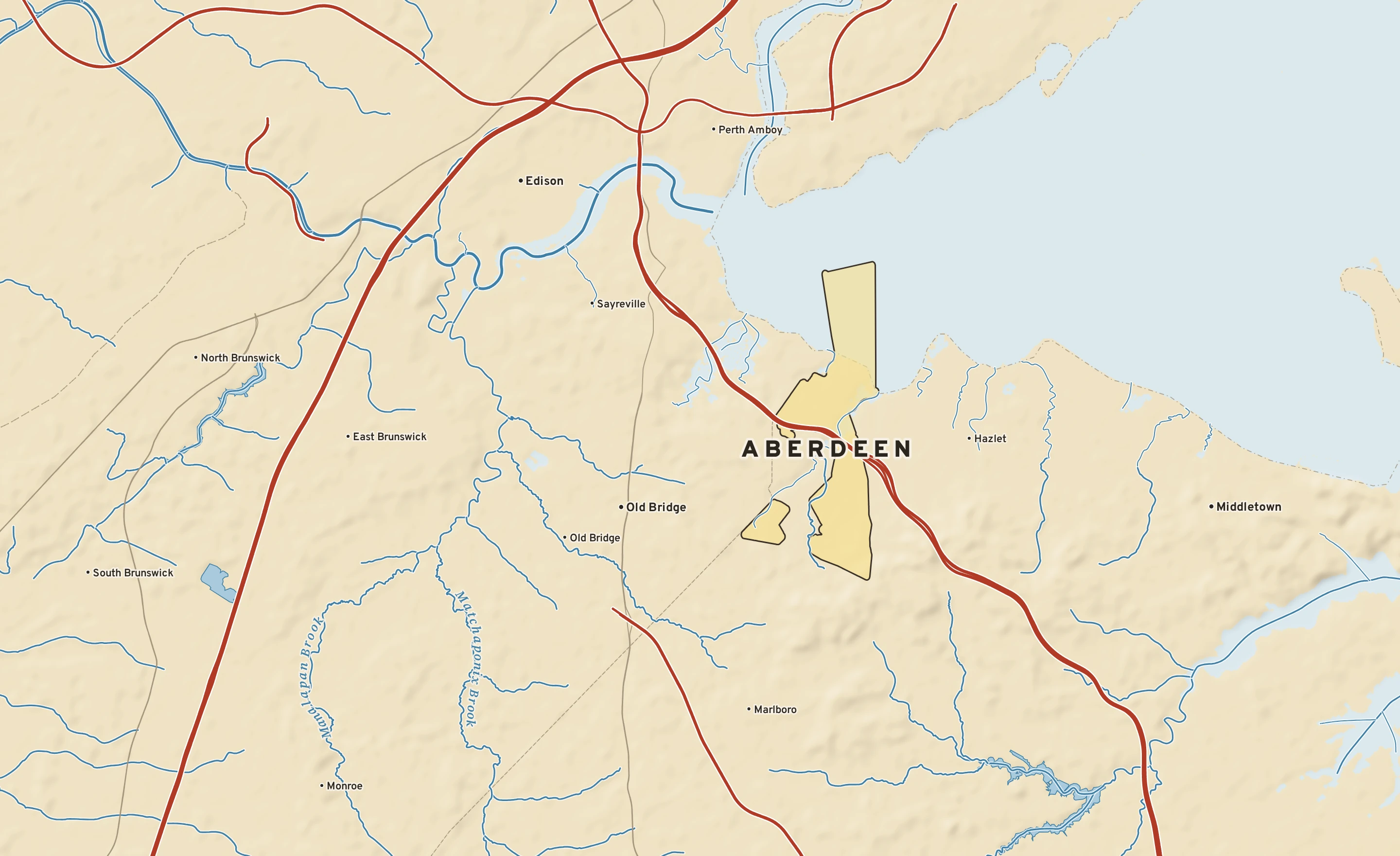 Shaded-relief atlas plate of Aberdeen, New Jersey: rivers, roads, the city limits and where the water drains.