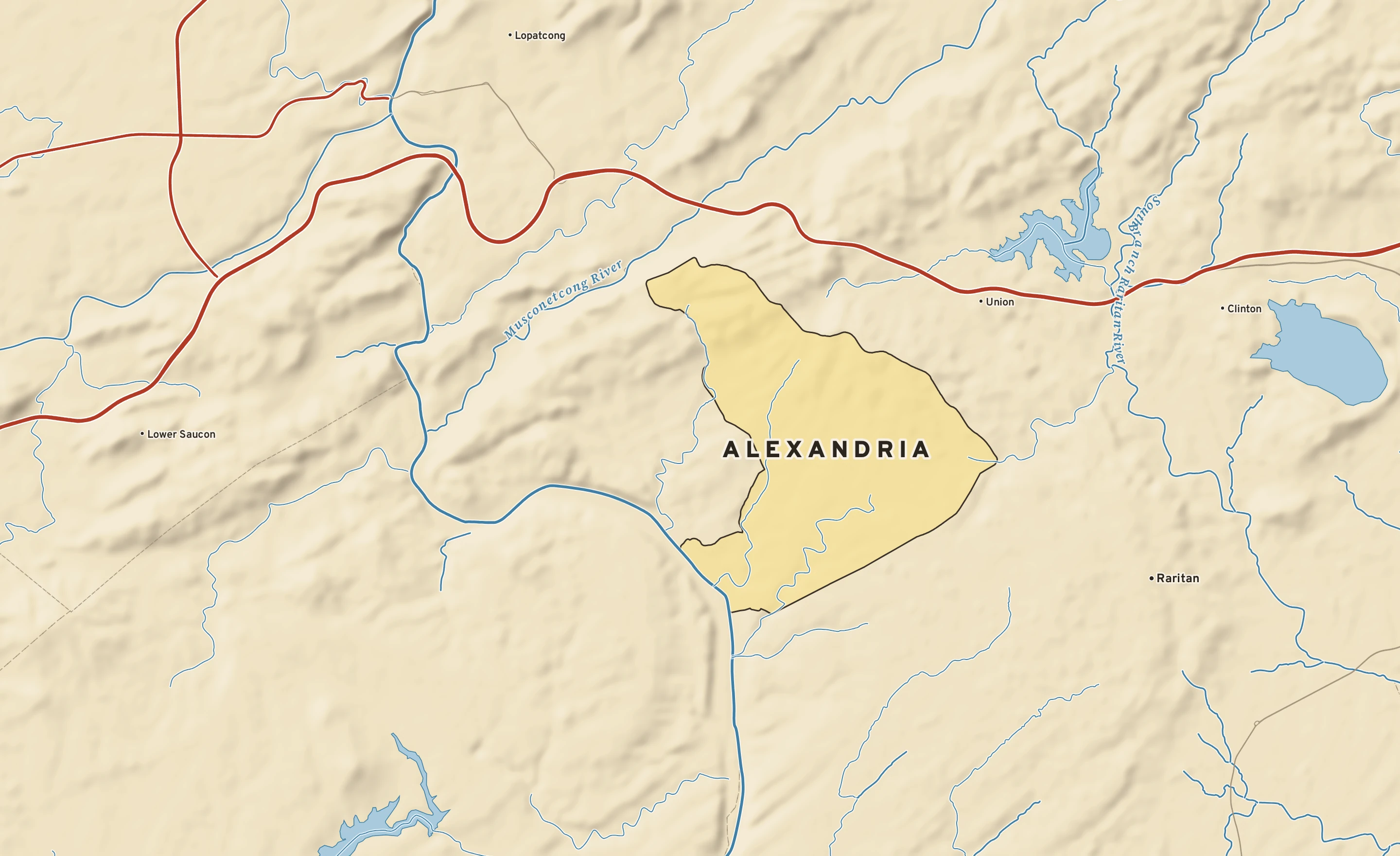 Shaded-relief atlas plate of Alexandria, New Jersey: rivers, roads, the city limits and where the water drains.