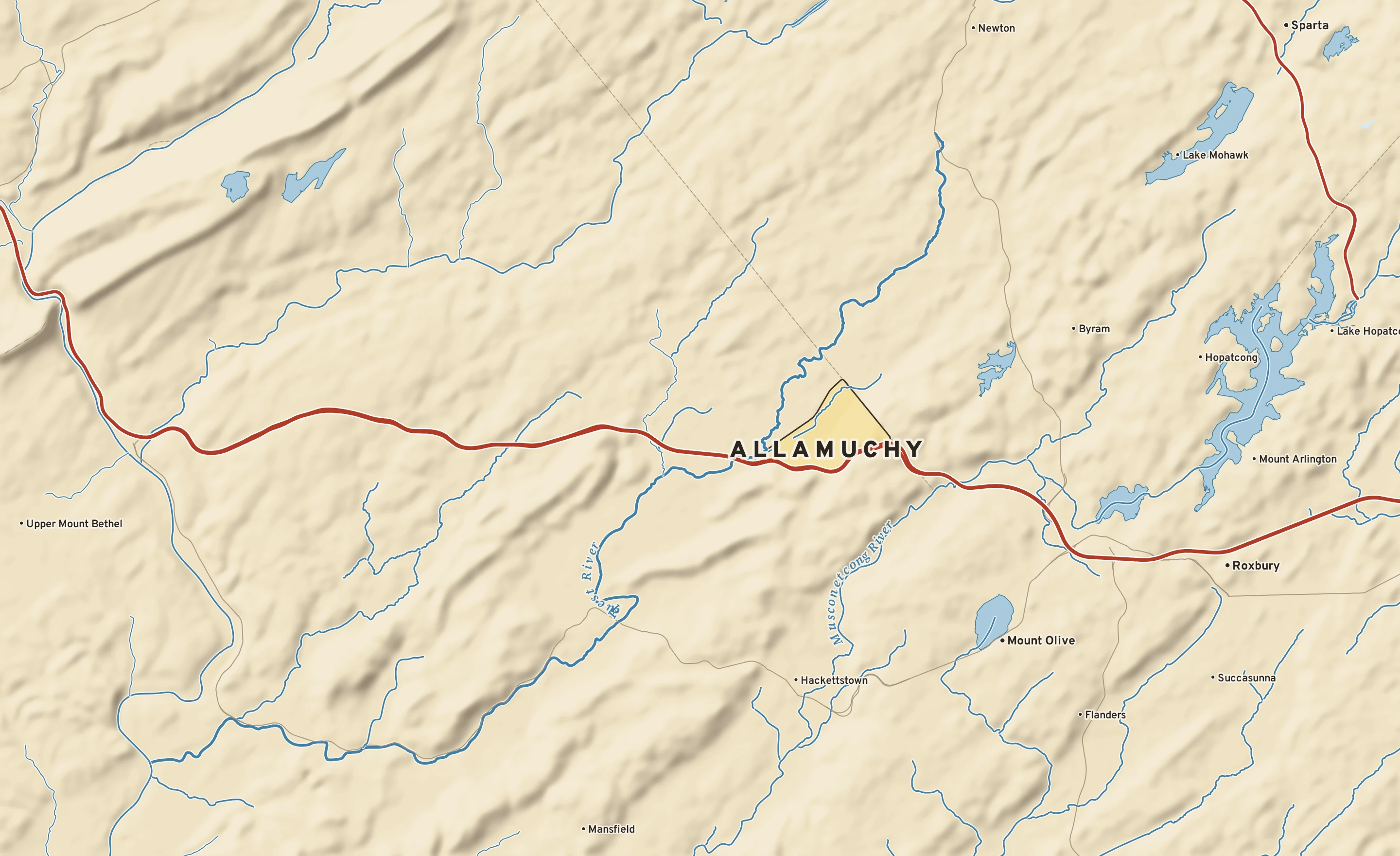 Shaded-relief atlas plate of Allamuchy, New Jersey: rivers, roads, the city limits and where the water drains.