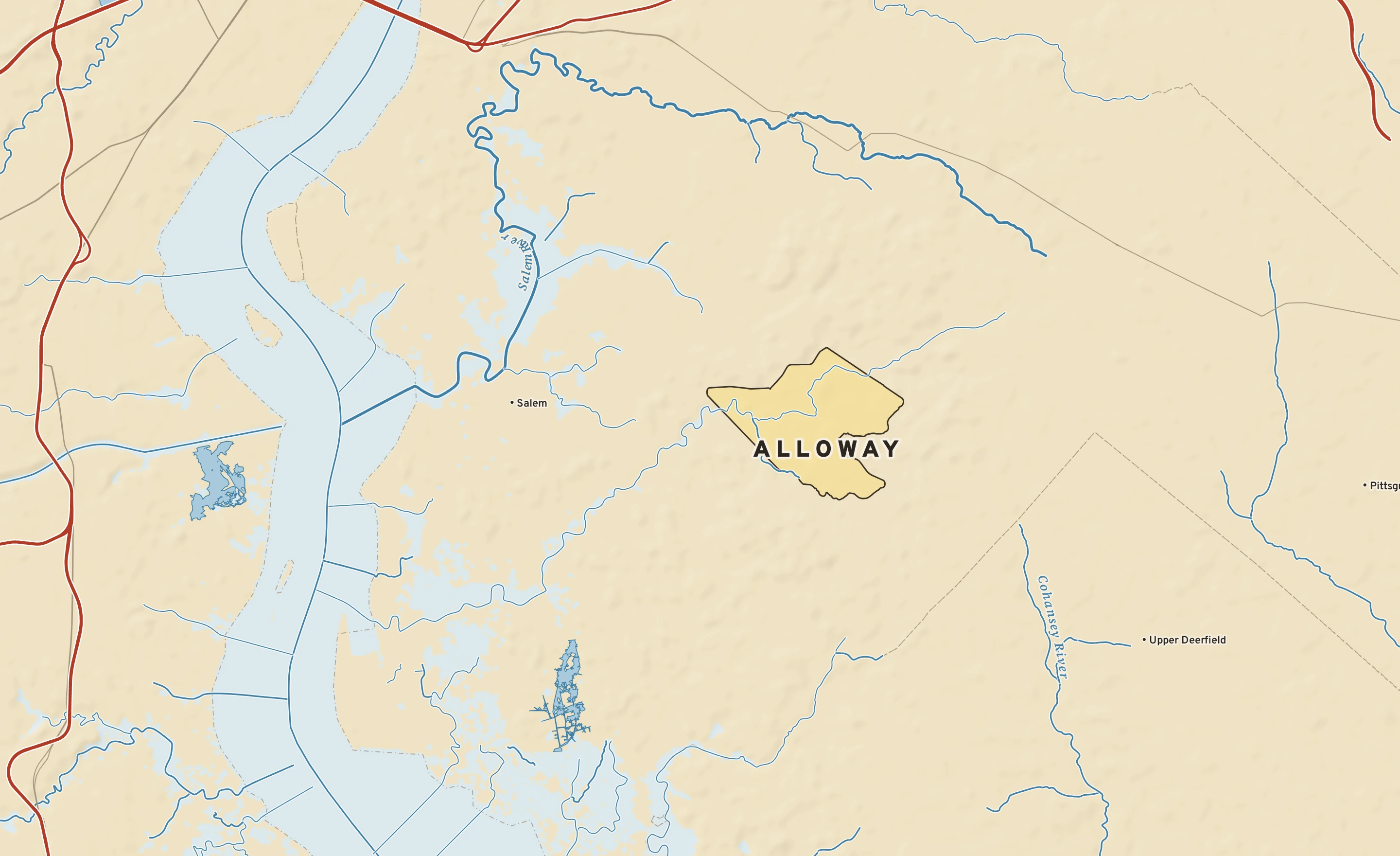 Shaded-relief atlas plate of Alloway, New Jersey: rivers, roads, the city limits and where the water drains.