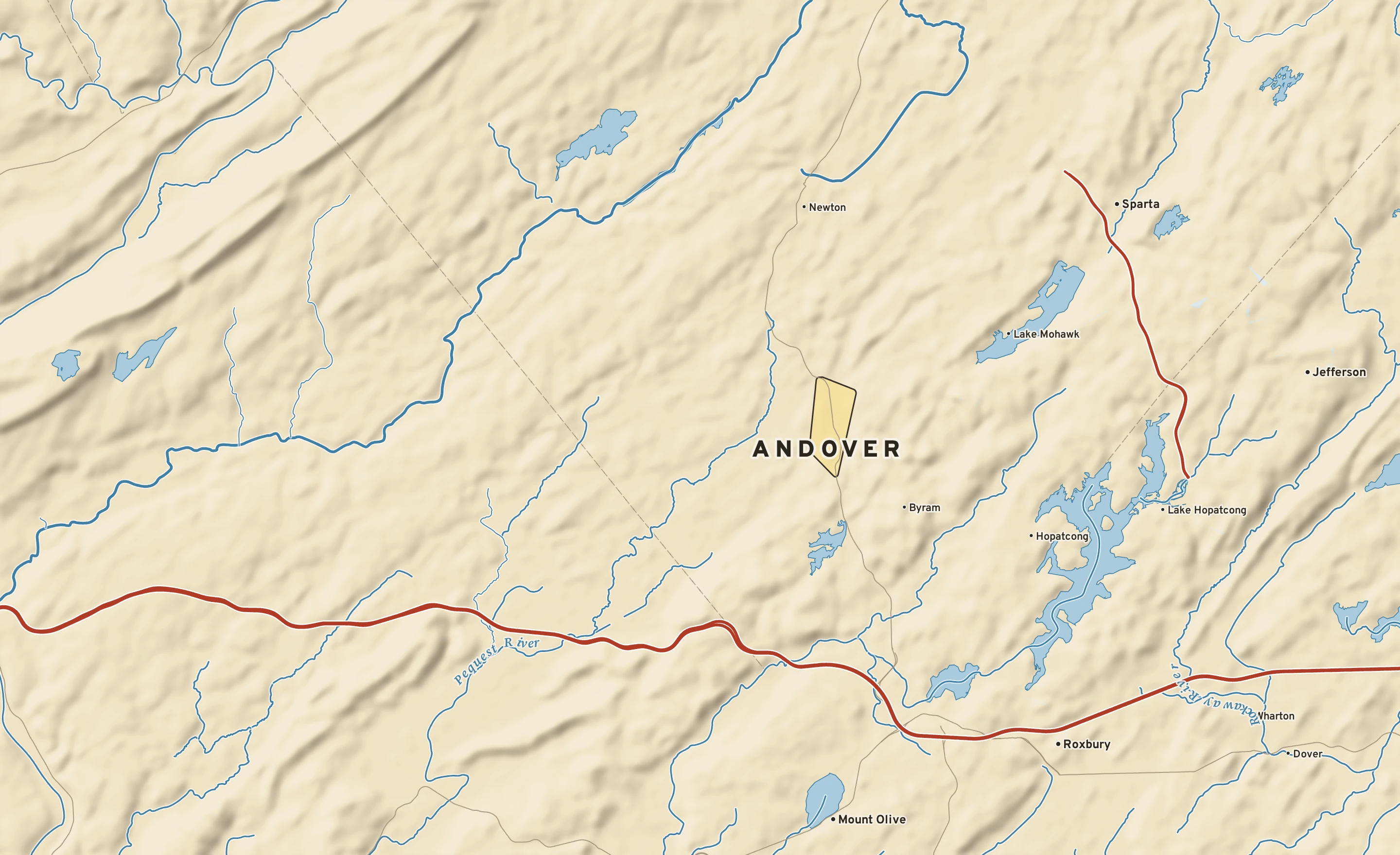 Shaded-relief atlas plate of Andover, New Jersey: rivers, roads, the city limits and where the water drains.