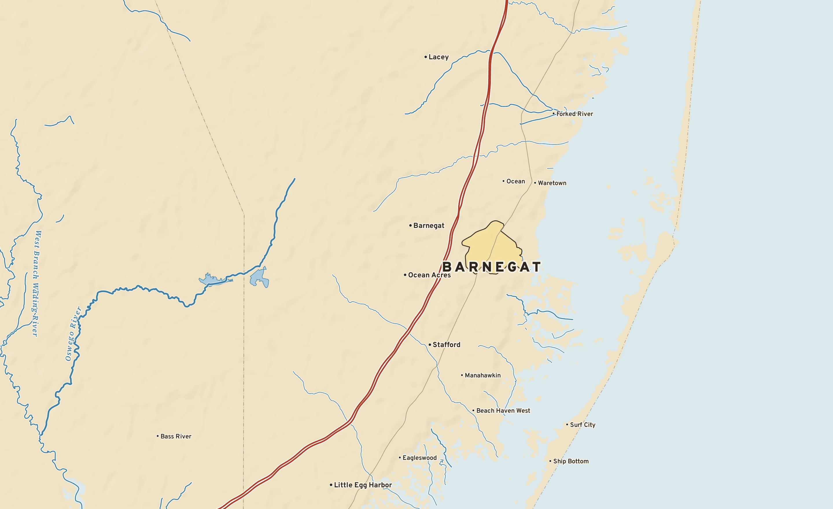 Shaded-relief atlas plate of Barnegat, New Jersey: rivers, roads, the city limits and where the water drains.