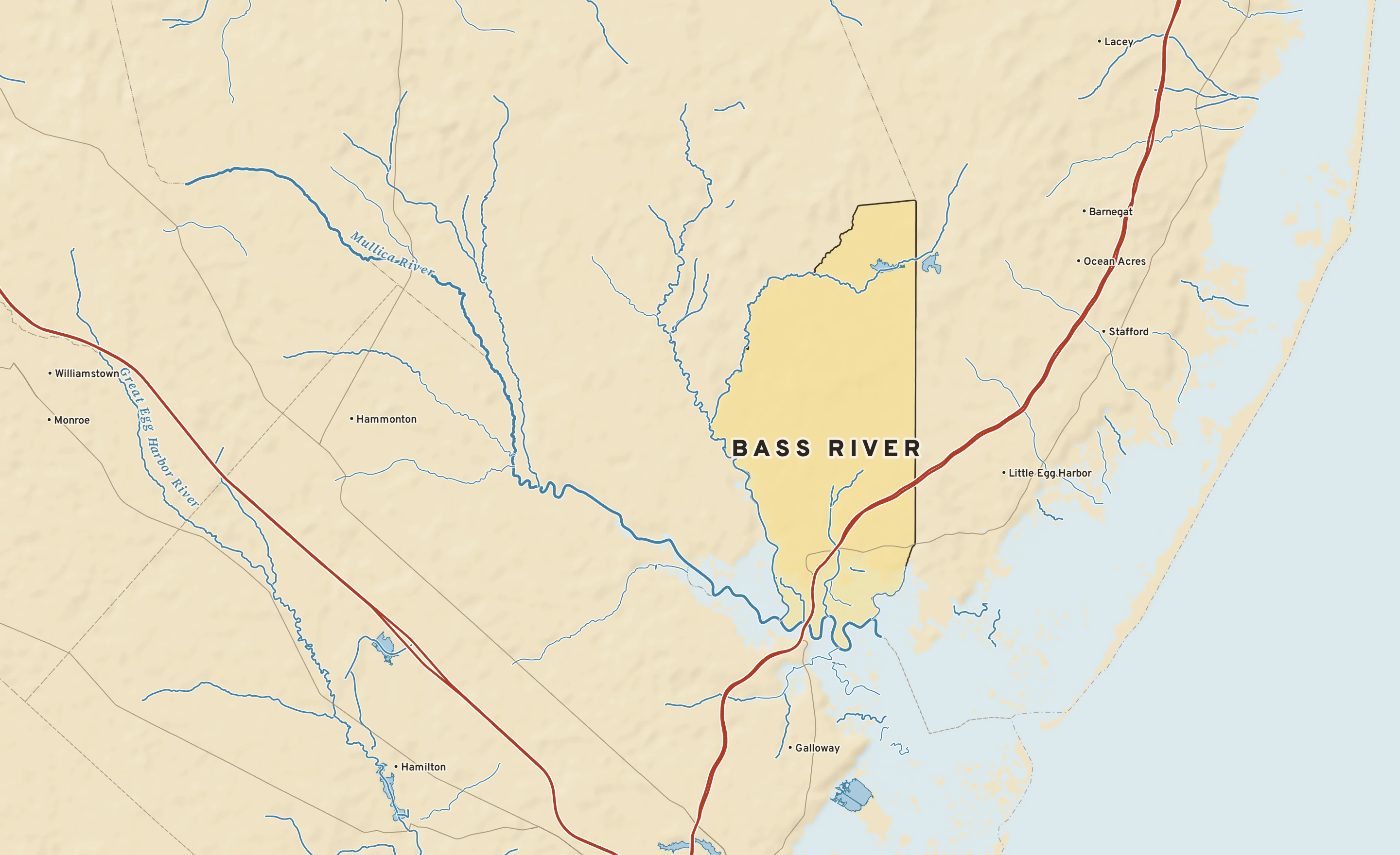 Shaded-relief atlas plate of Bass River, New Jersey: rivers, roads, the city limits and where the water drains.