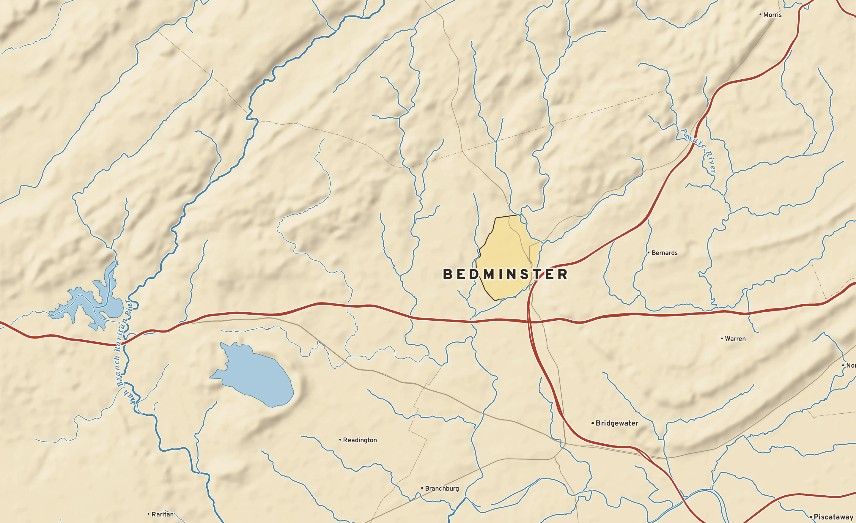 Shaded-relief atlas plate of Bedminster, New Jersey: rivers, roads, the city limits and where the water drains.