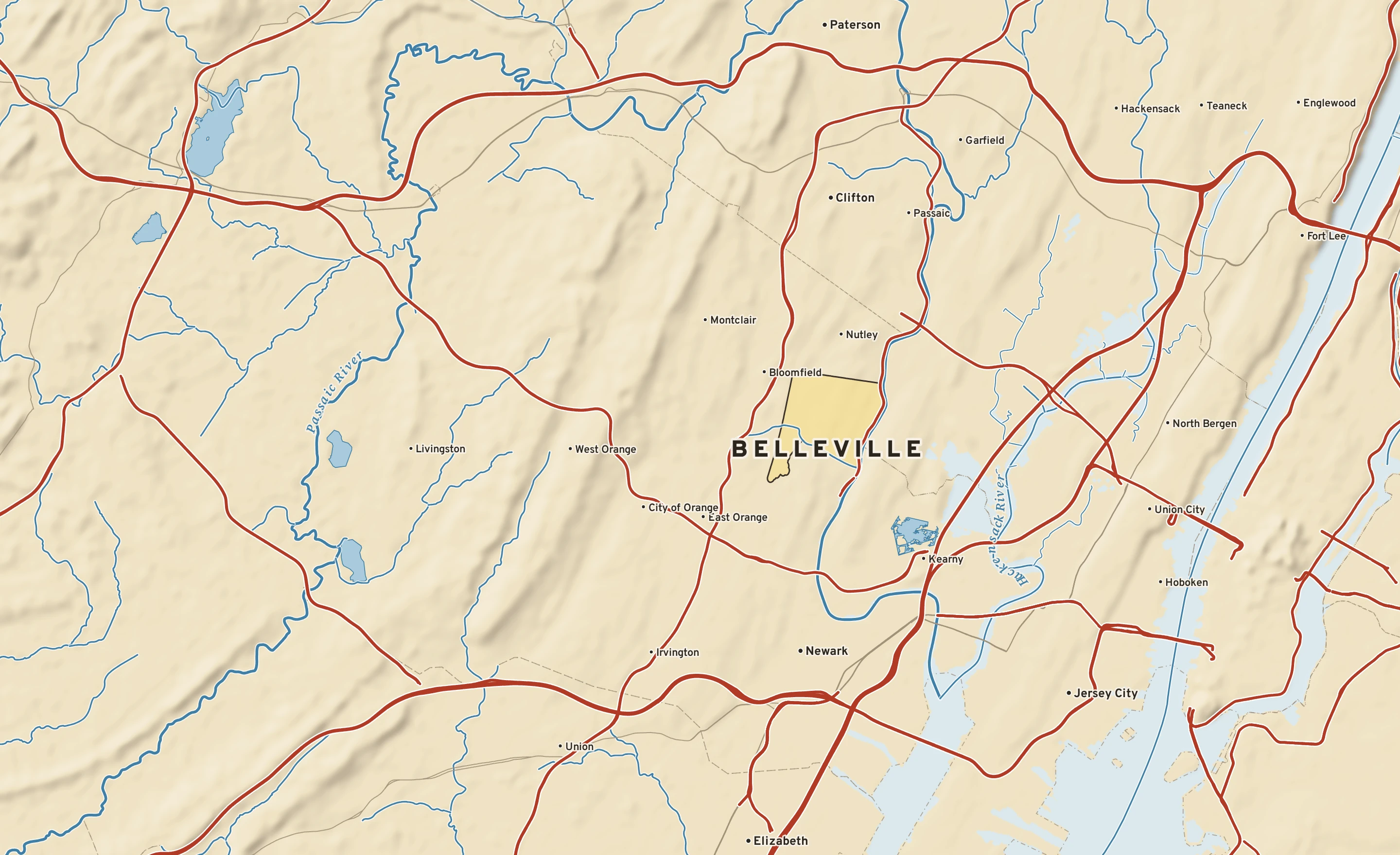 Shaded-relief atlas plate of Belleville, New Jersey: rivers, roads, the city limits and where the water drains.